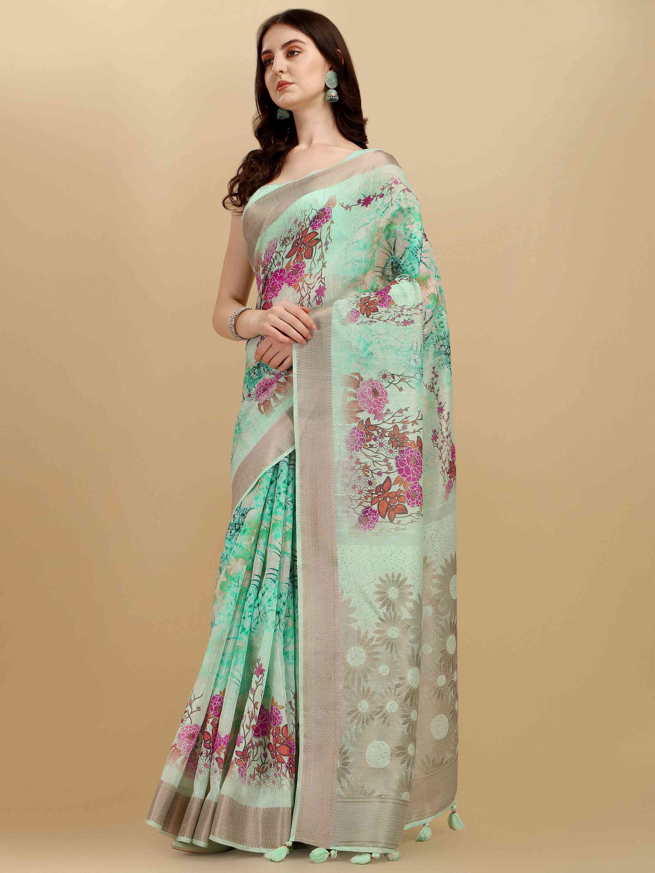 TURQUOISE COPPER ORGANZA SILK SAREE