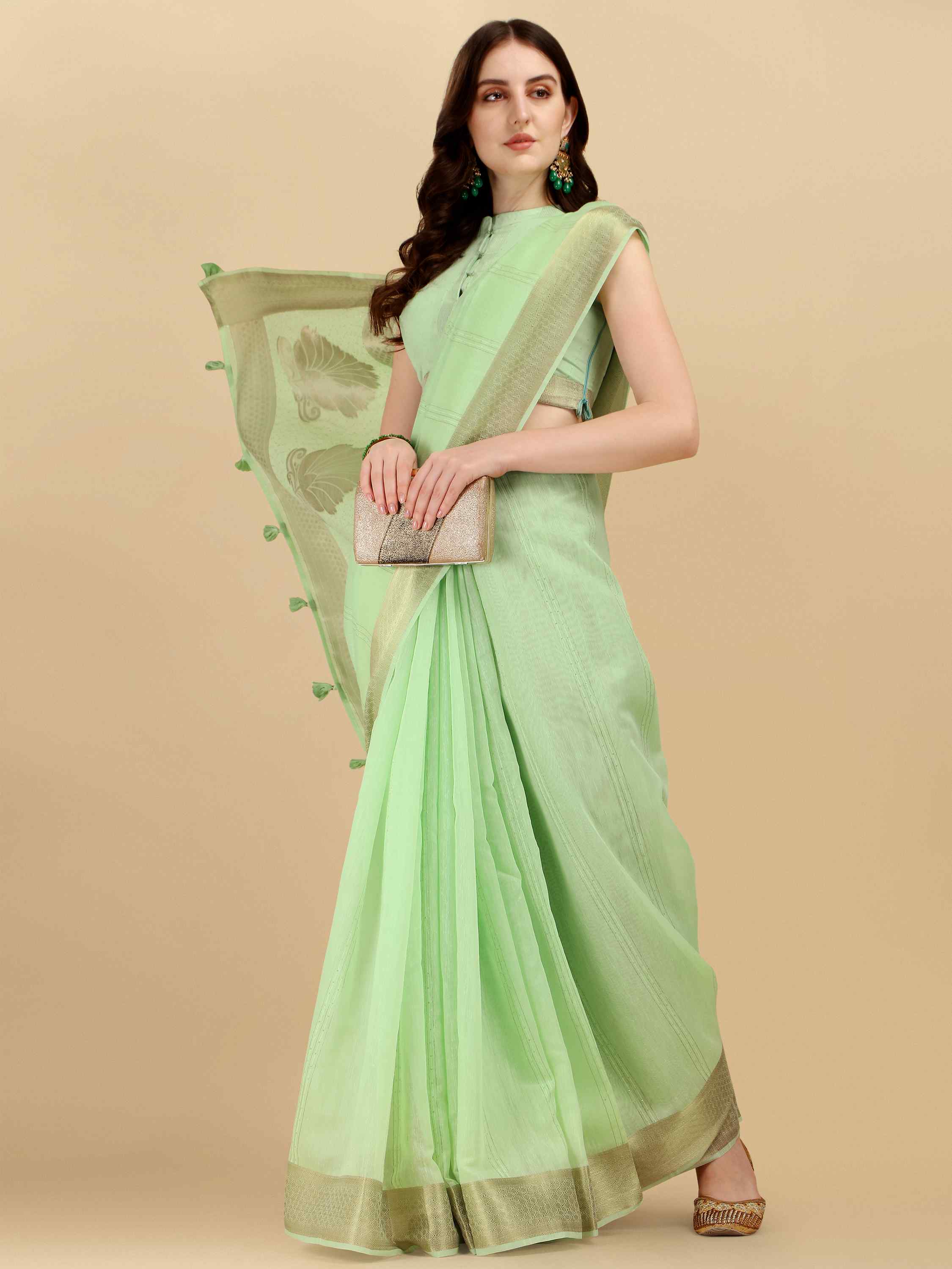 DUNGRANI LINEN SHELL PISTA COTTON SILK SAREE