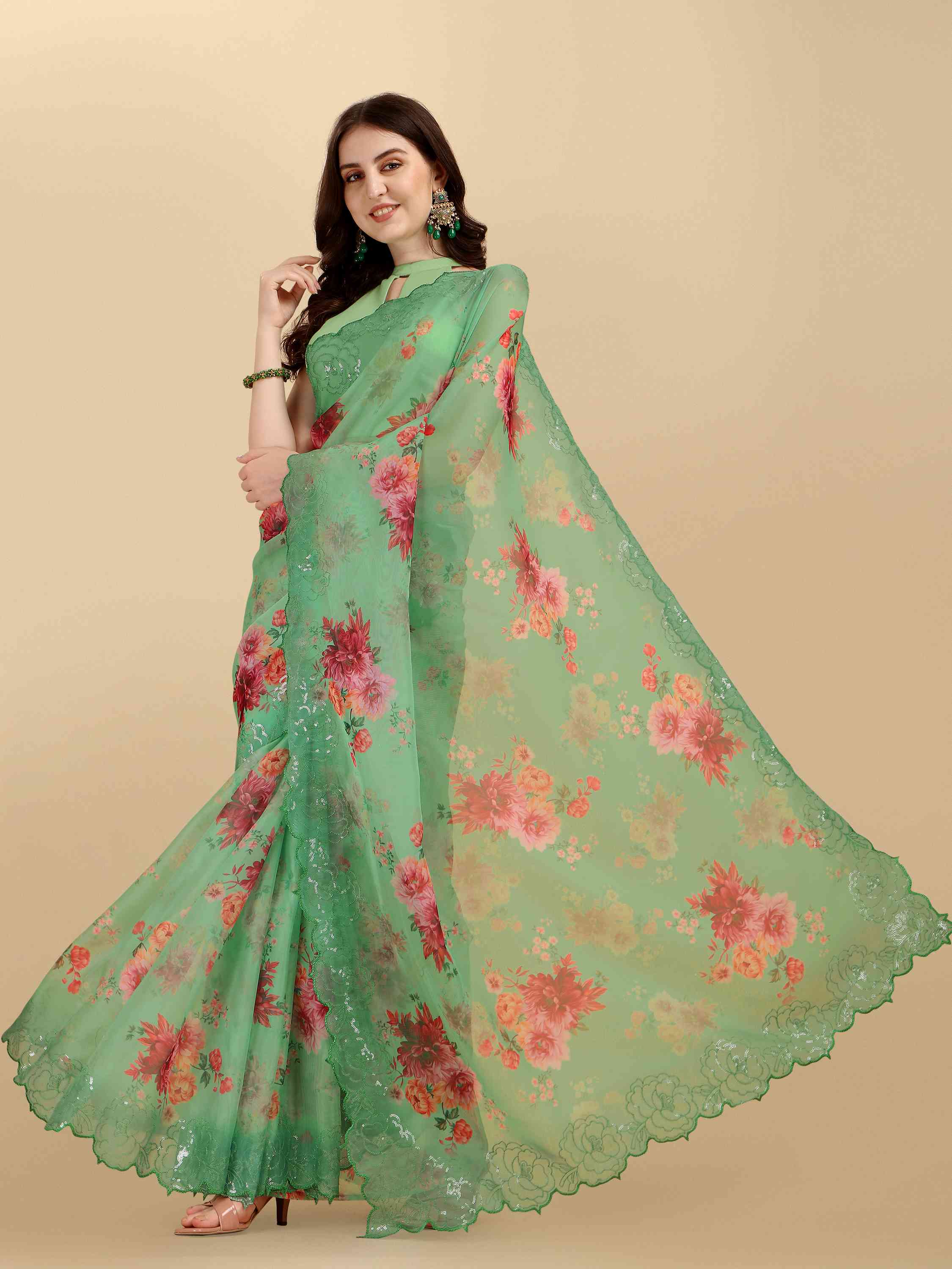 GREEN OREO NET DIGITAL PRINT SAREE