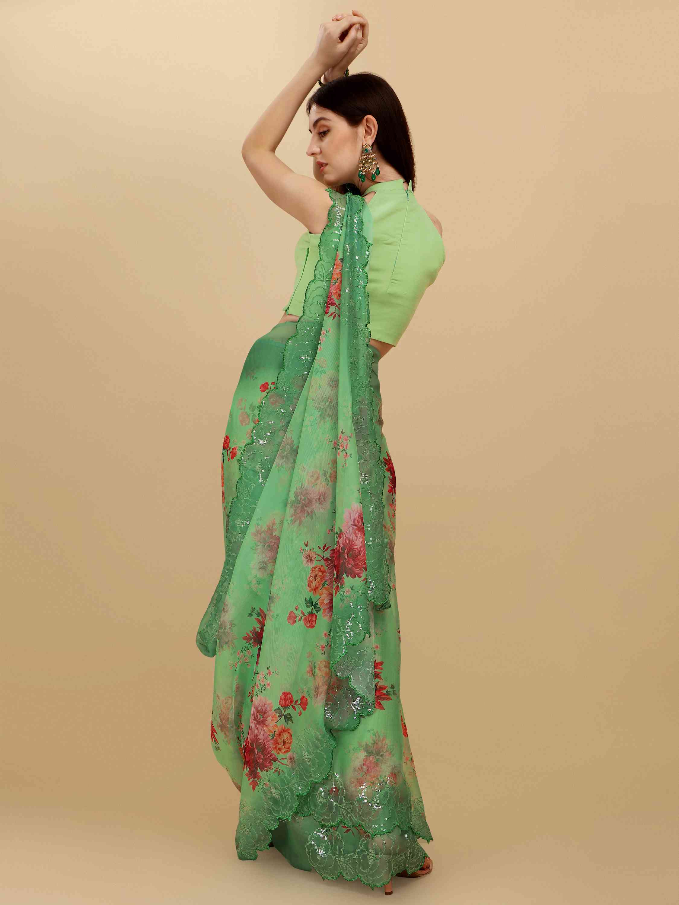 GREEN OREO NET DIGITAL PRINT SAREE