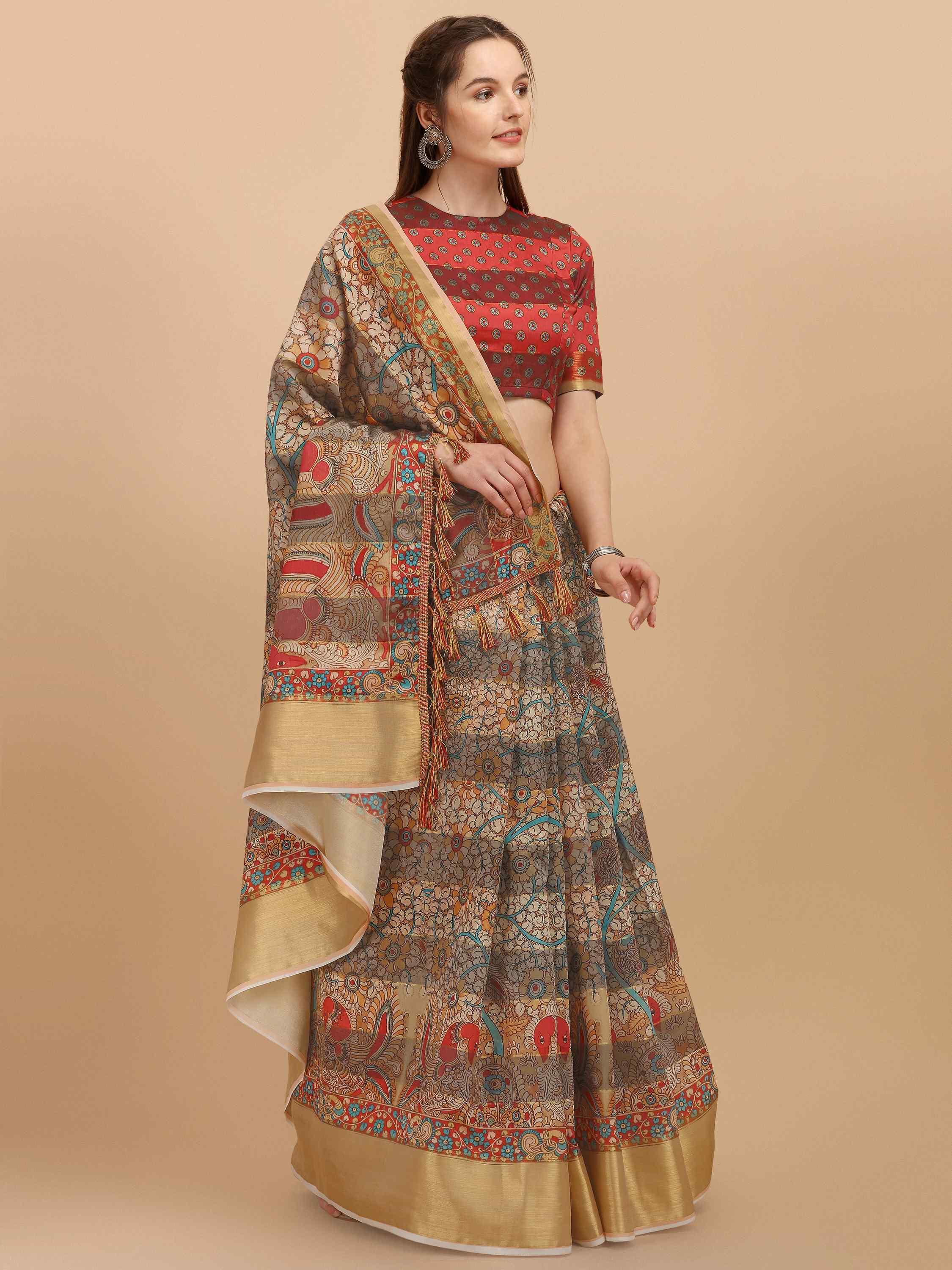 DUNGRANI BEIGE STRIPES KALAMKARI SILK SAREE