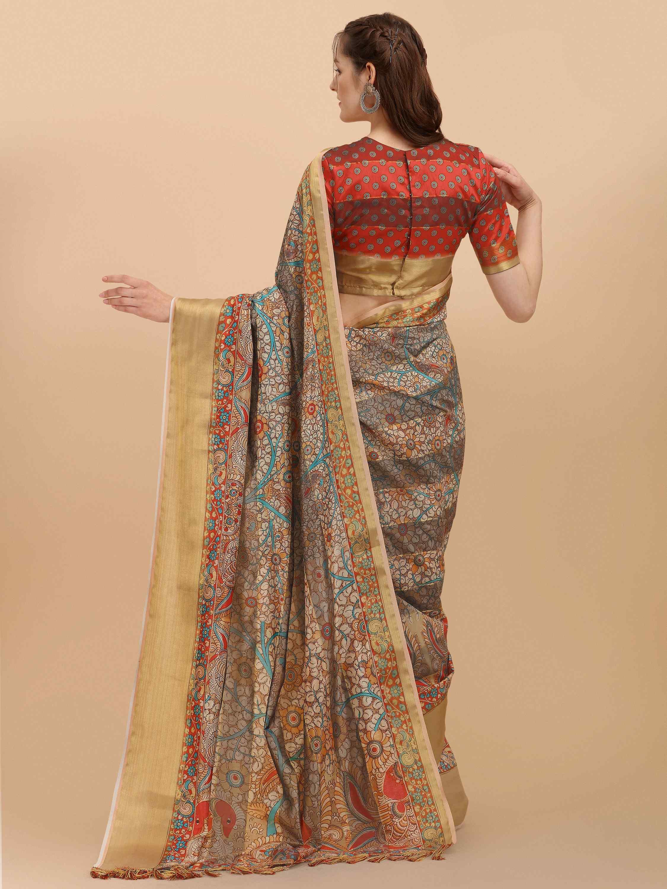 DUNGRANI BEIGE STRIPES KALAMKARI SILK SAREE