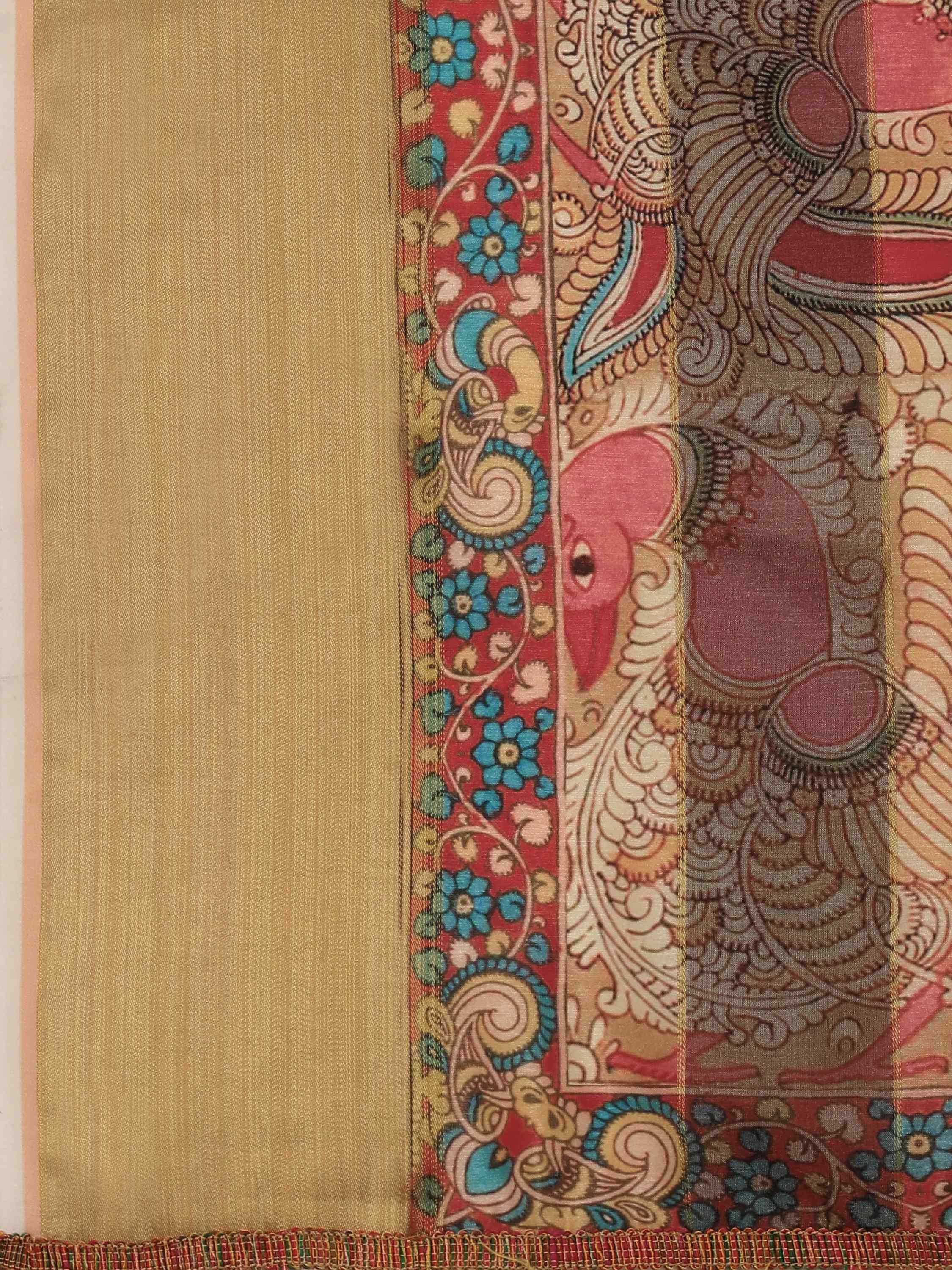 DUNGRANI BEIGE STRIPES KALAMKARI SILK SAREE