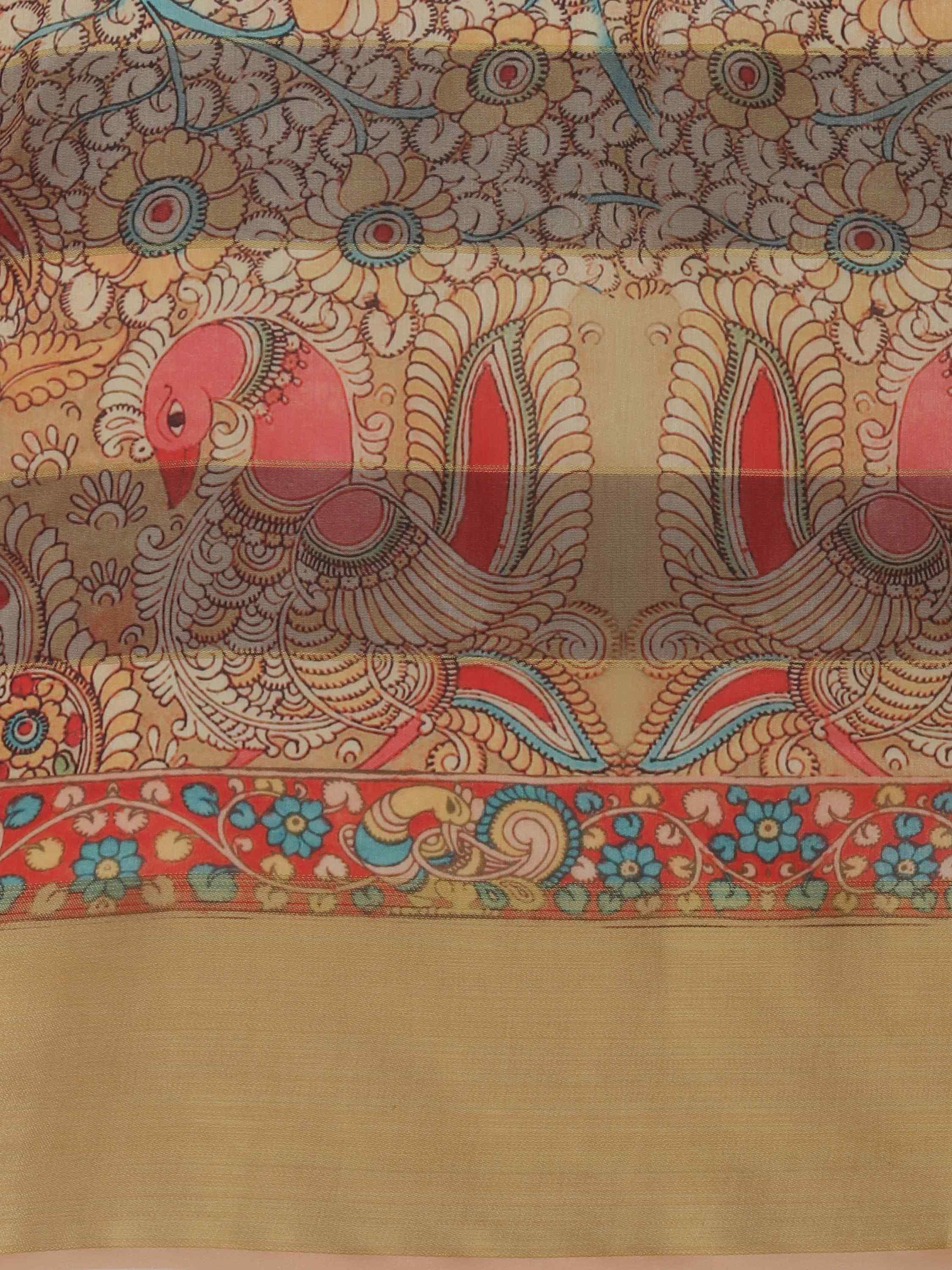 DUNGRANI BEIGE STRIPES KALAMKARI SILK SAREE