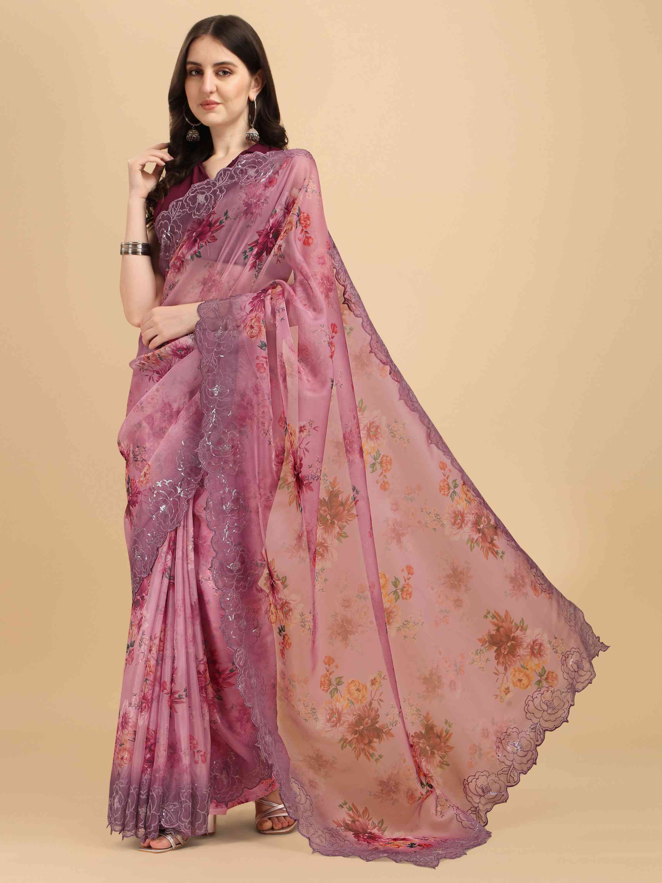 ROSE WINE OREO NET DIGITAL PRINT SAREE