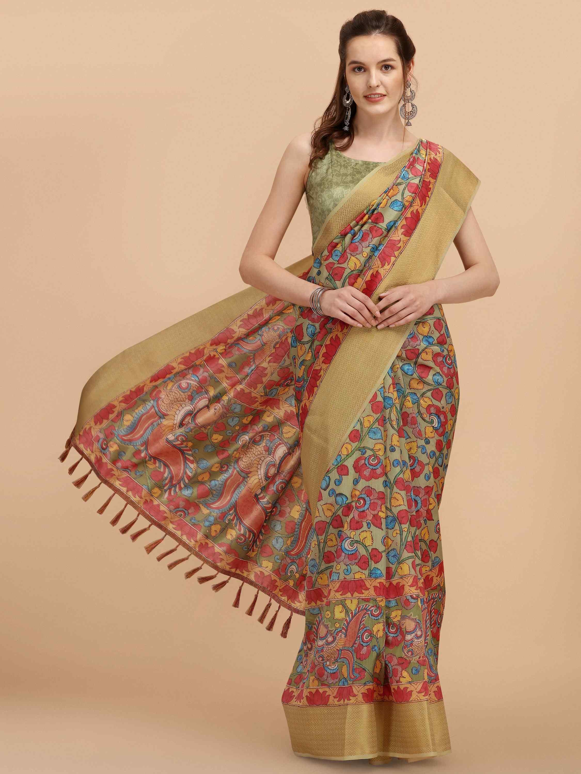 PASTEL GREEN KALAMKARI SILK SAREE - DUNGRANI