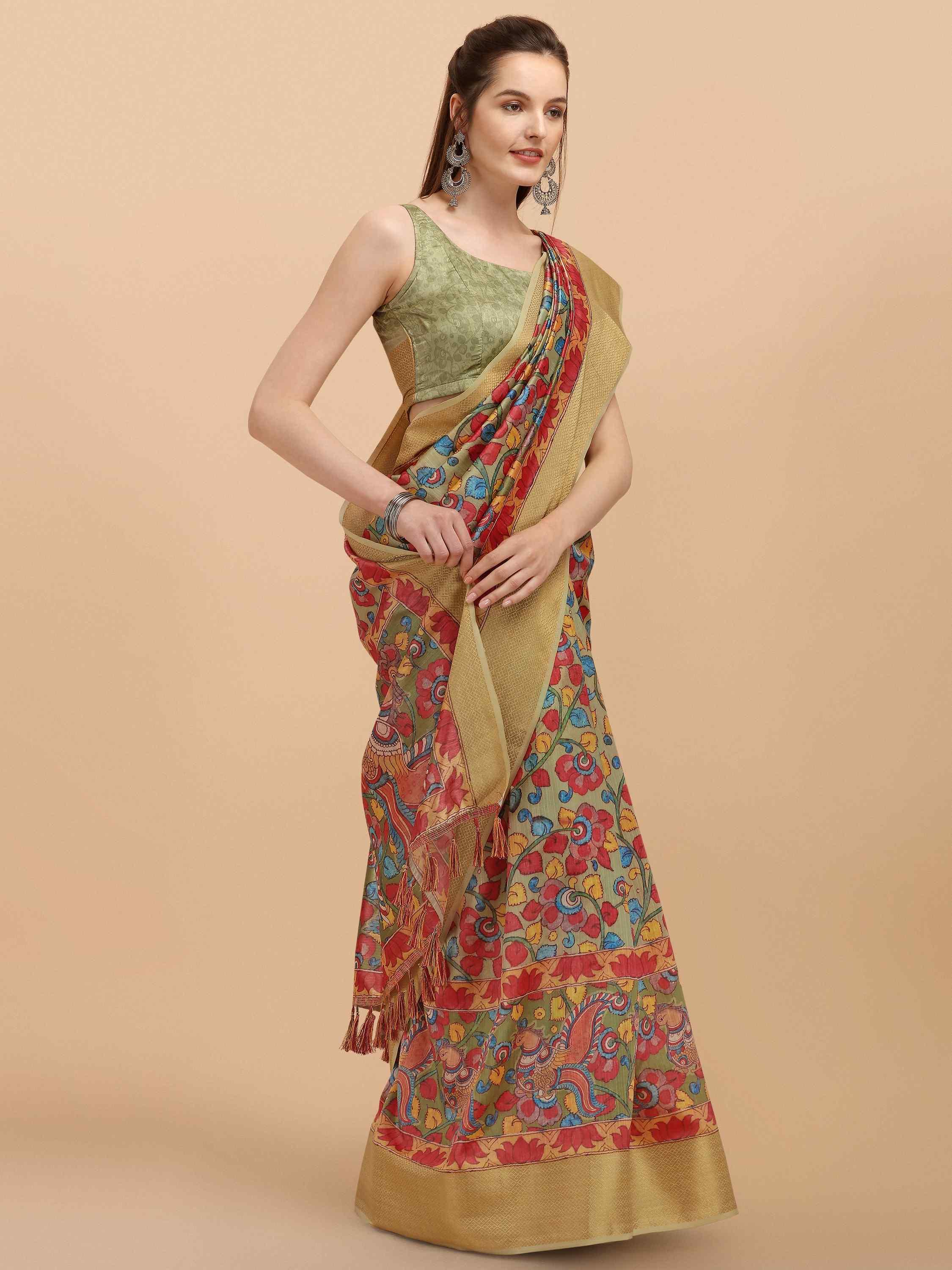 PASTEL GREEN KALAMKARI SILK SAREE - DUNGRANI