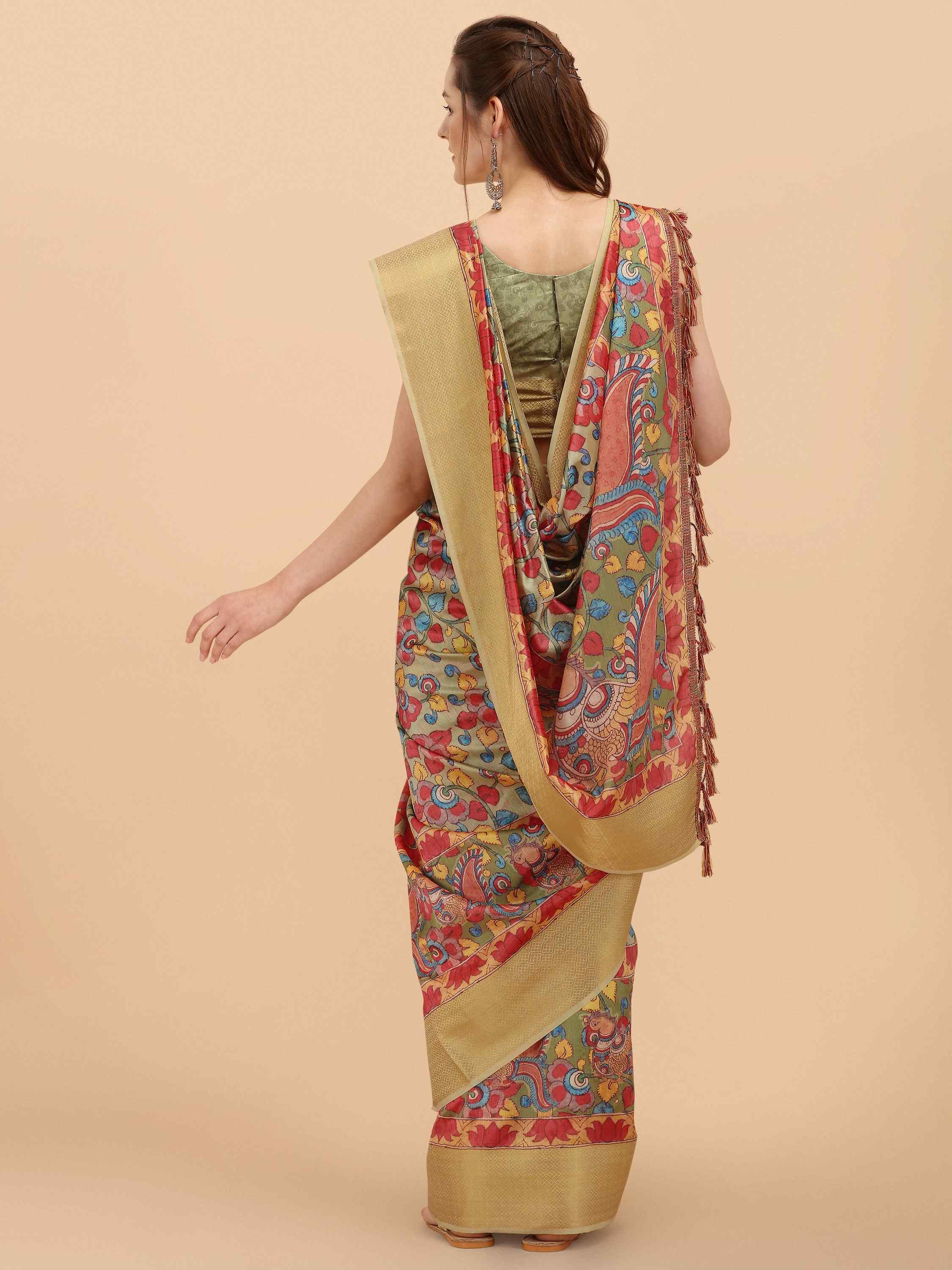 PASTEL GREEN KALAMKARI SILK SAREE - DUNGRANI