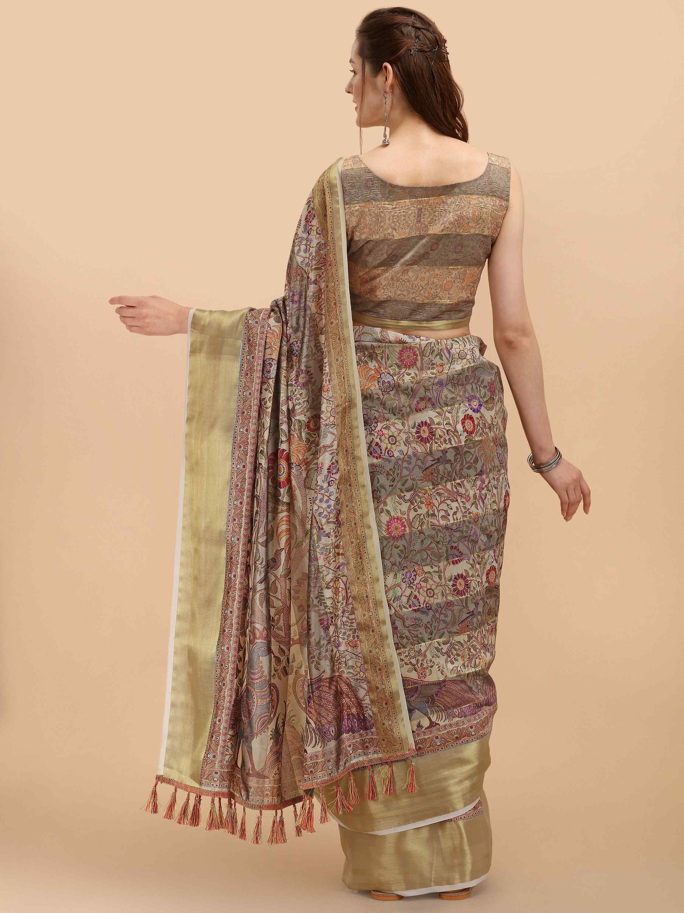 GRAY OFF WHITE STRIPES KALAMKARI SILK SAREE