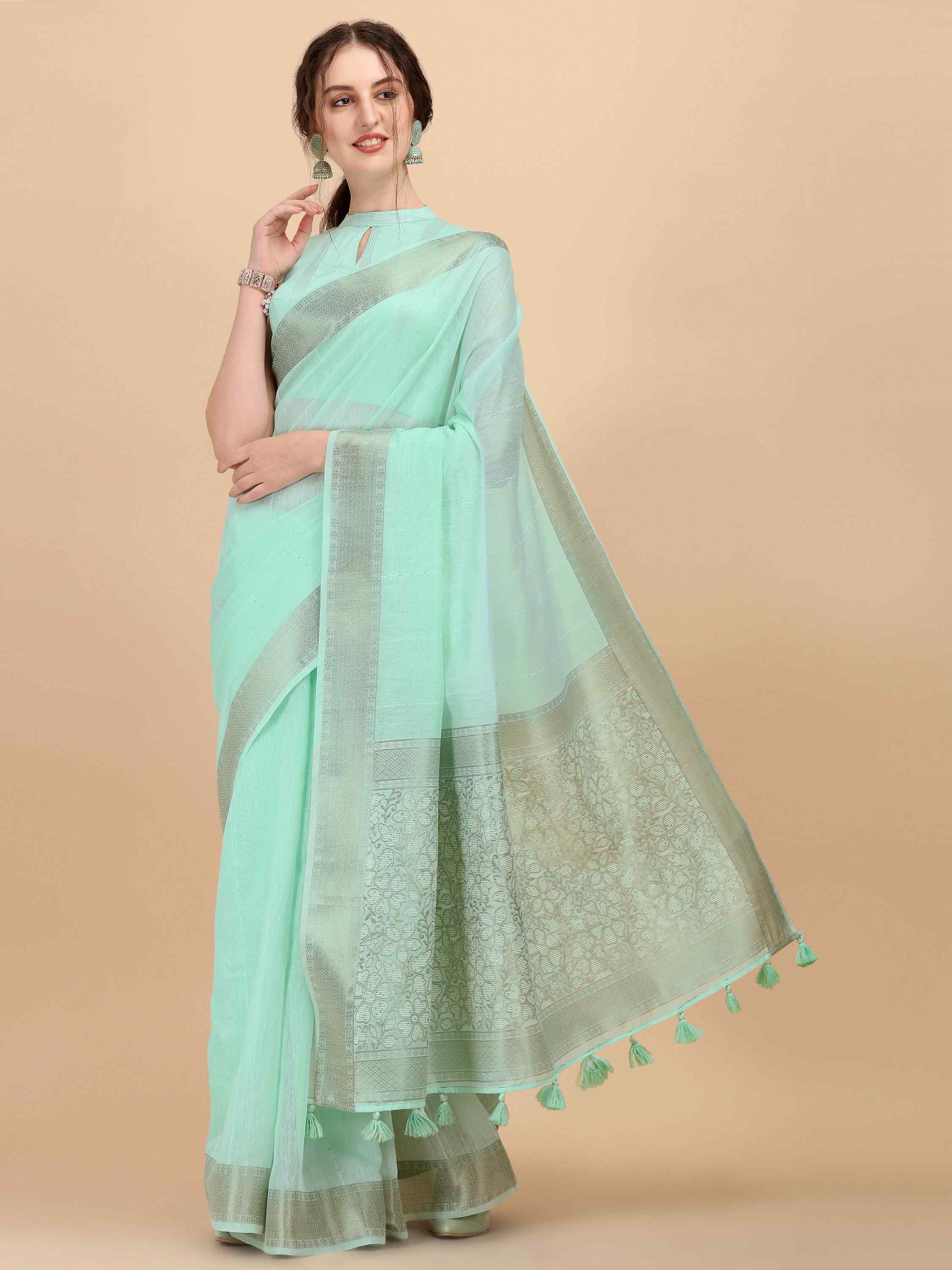 DUNGRANI TURQUOISE FLORA COTTON SILK SAREE WITH BLOUSE