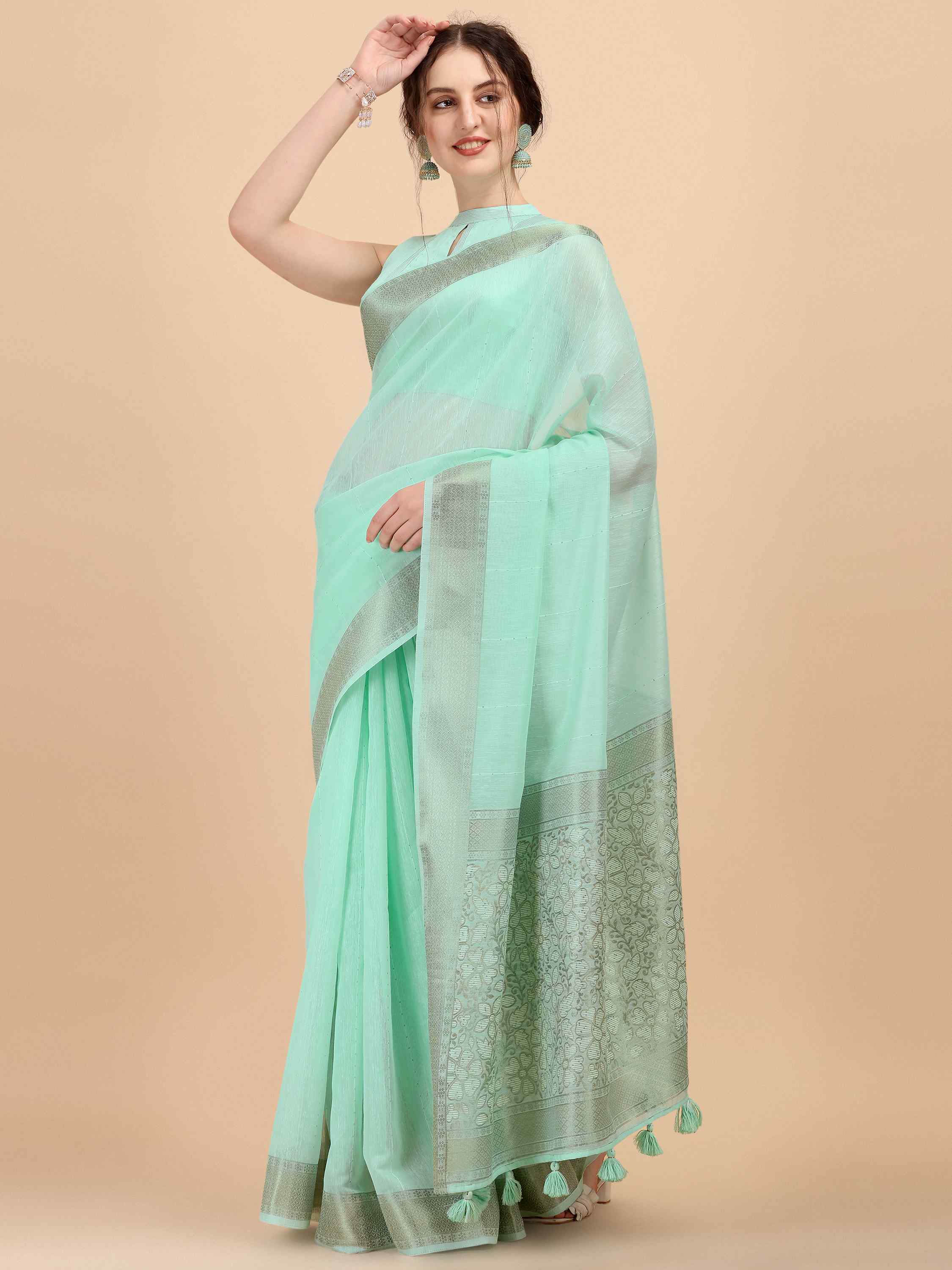 DUNGRANI TURQUOISE FLORA COTTON SILK SAREE WITH BLOUSE