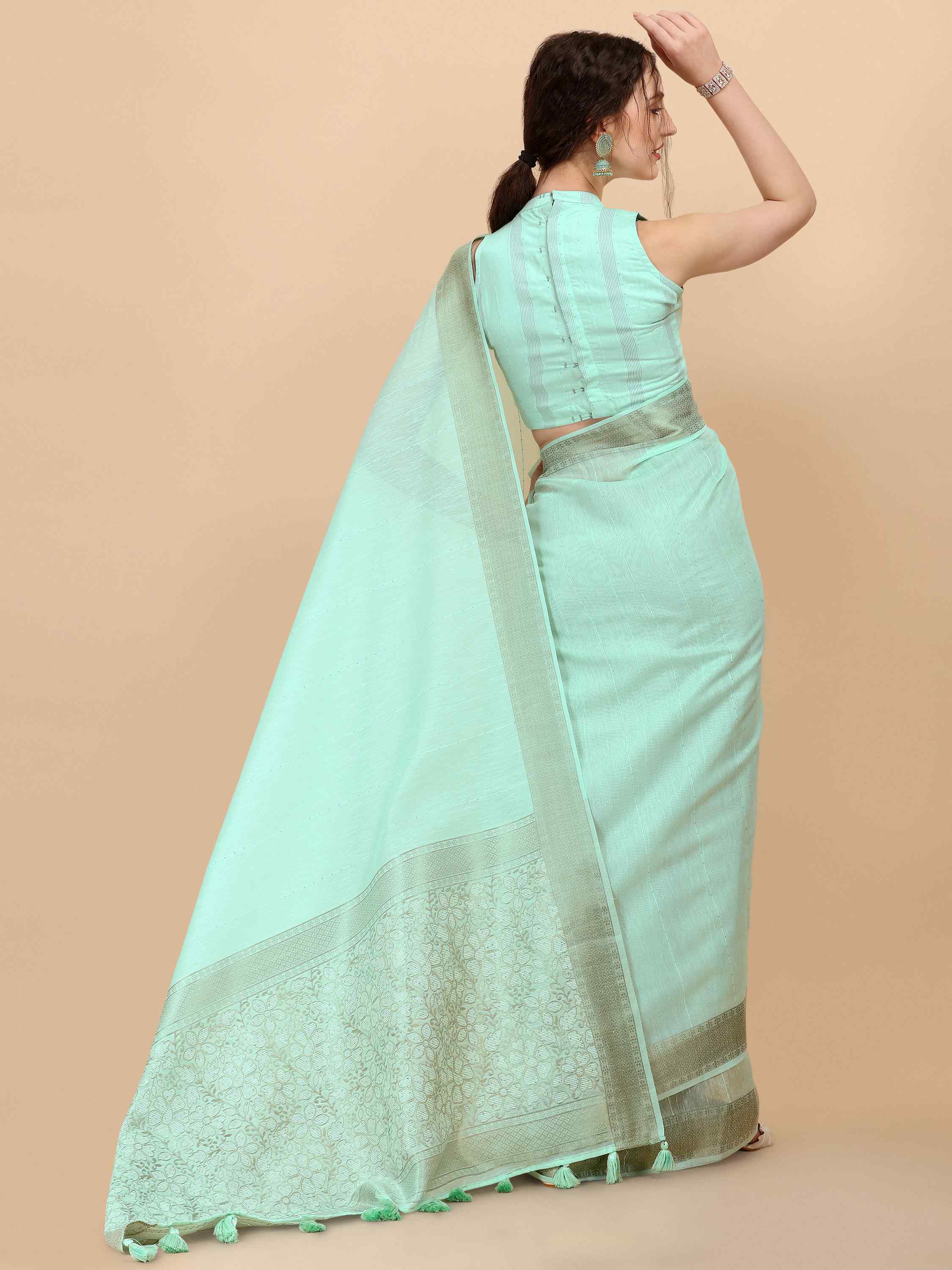 DUNGRANI TURQUOISE FLORA COTTON SILK SAREE WITH BLOUSE