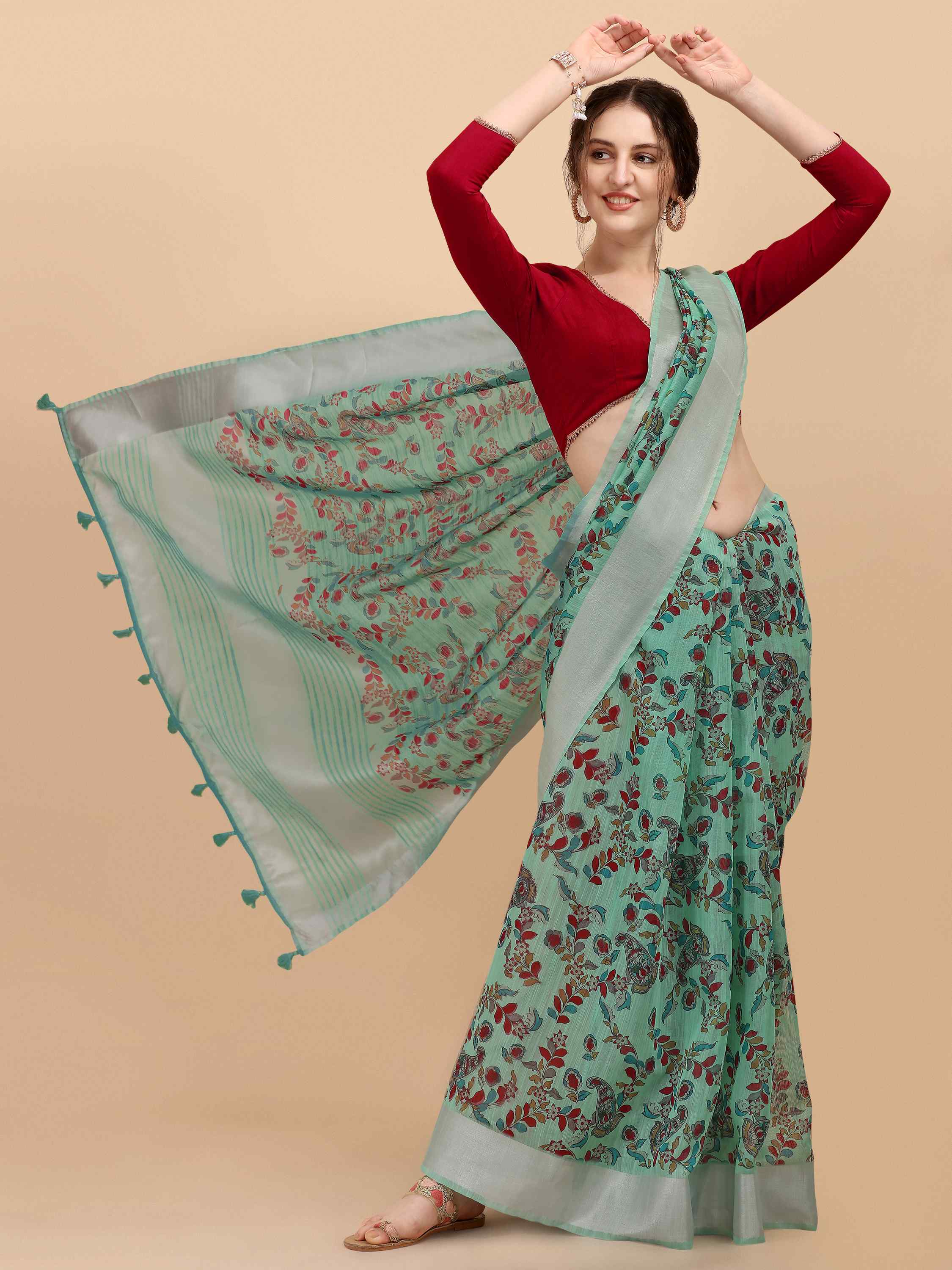  TURQUOISE LINEN KALAMKARI PRINT SAREE