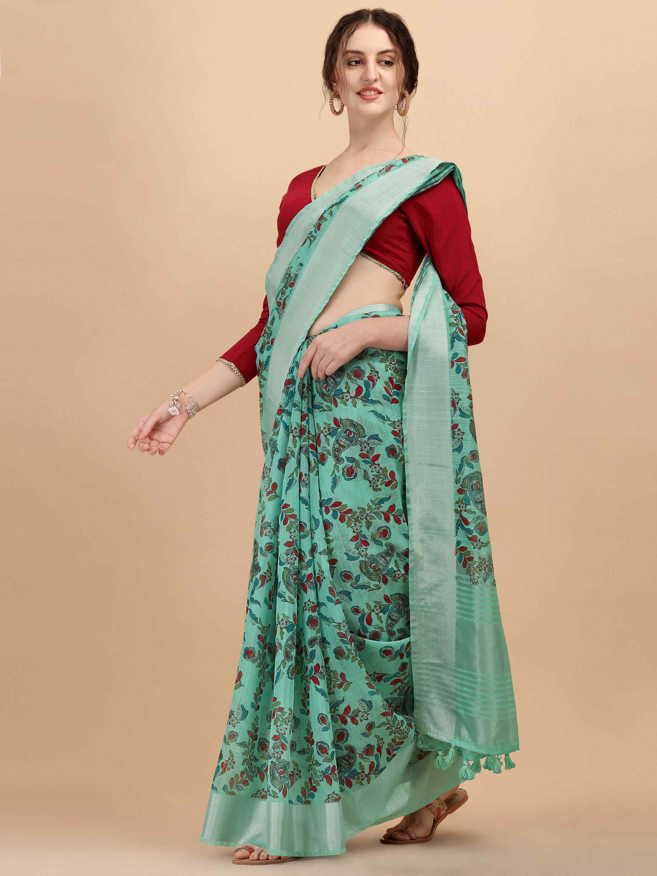  TURQUOISE LINEN KALAMKARI PRINT SAREE