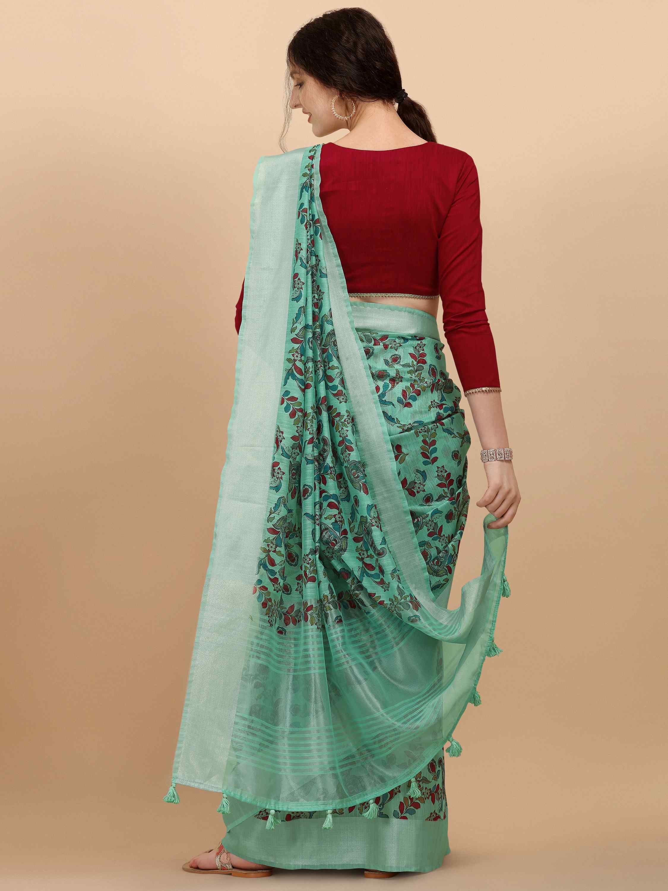  TURQUOISE LINEN KALAMKARI PRINT SAREE