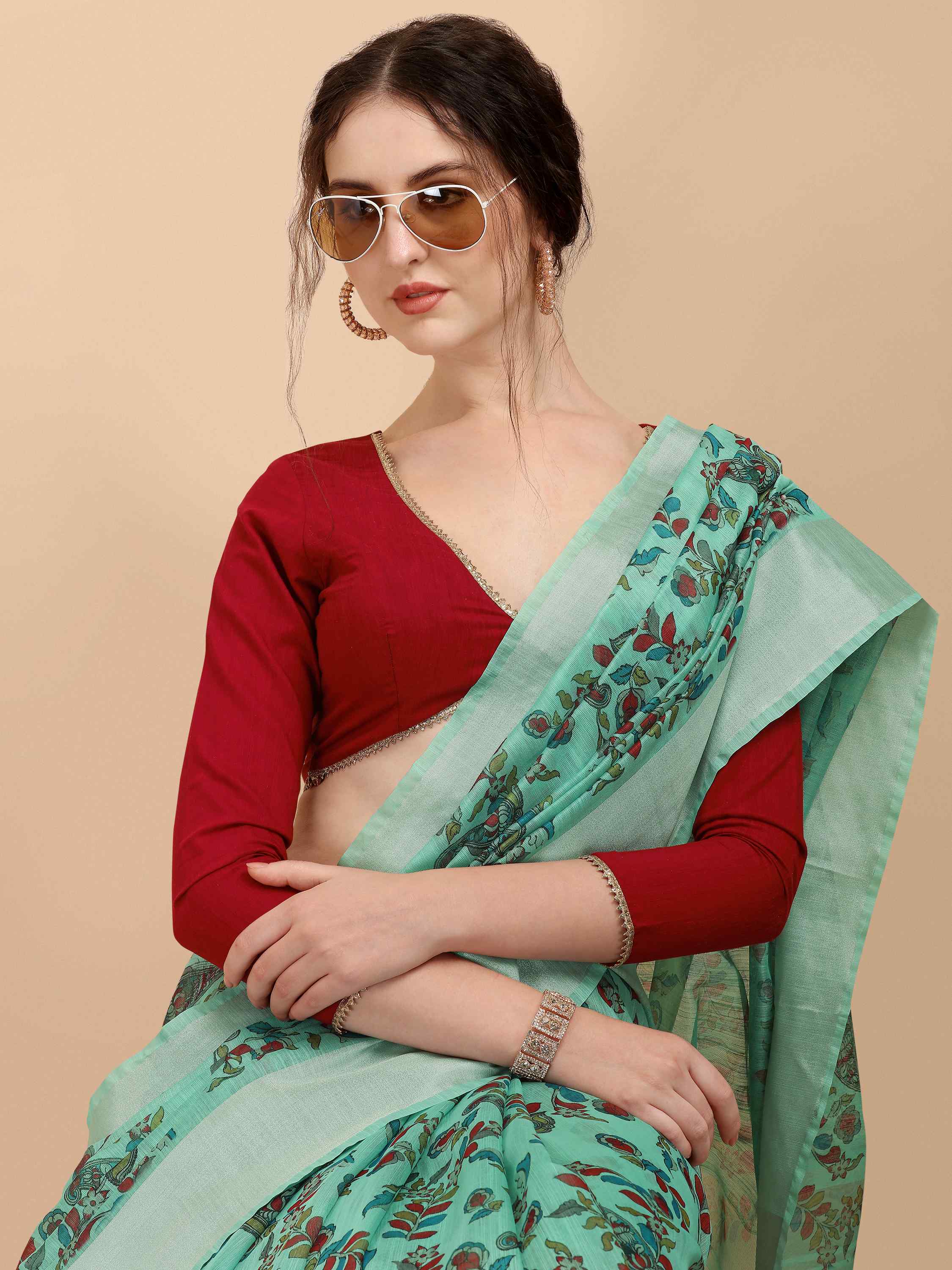  TURQUOISE LINEN KALAMKARI PRINT SAREE