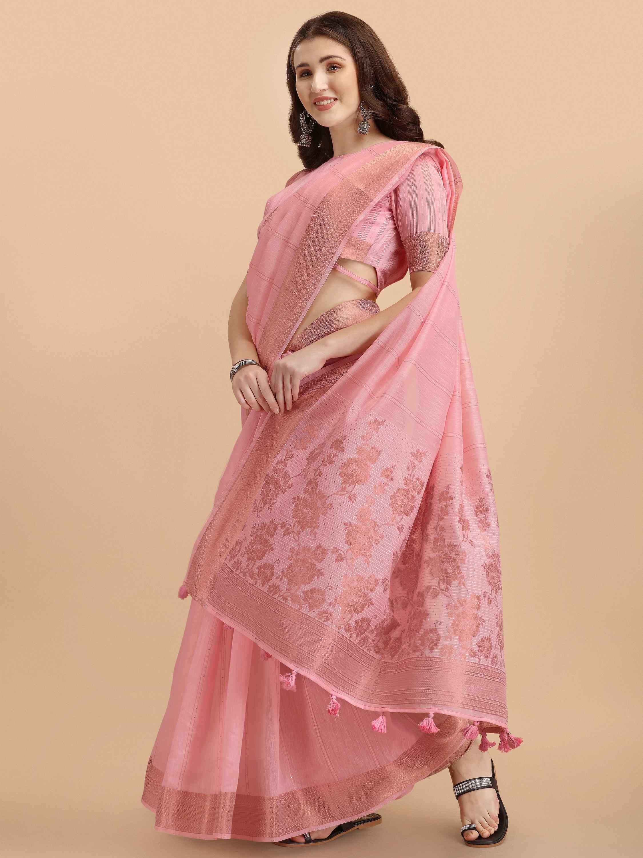 PINK FLORAL COTTON SILK SAREE WITH BLOUSE