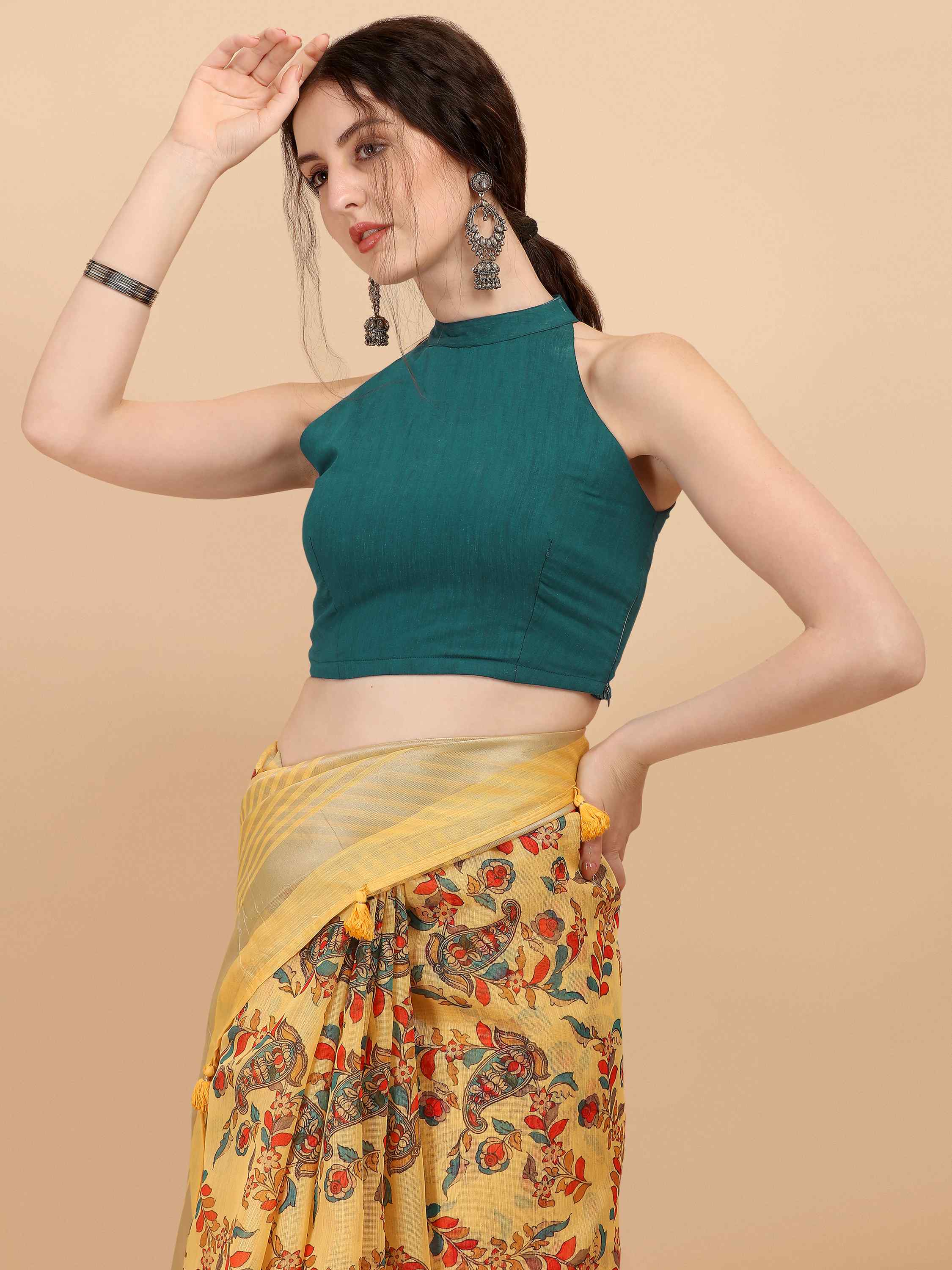 YELLOW LINEN KALAMKARI PRINT SAREE