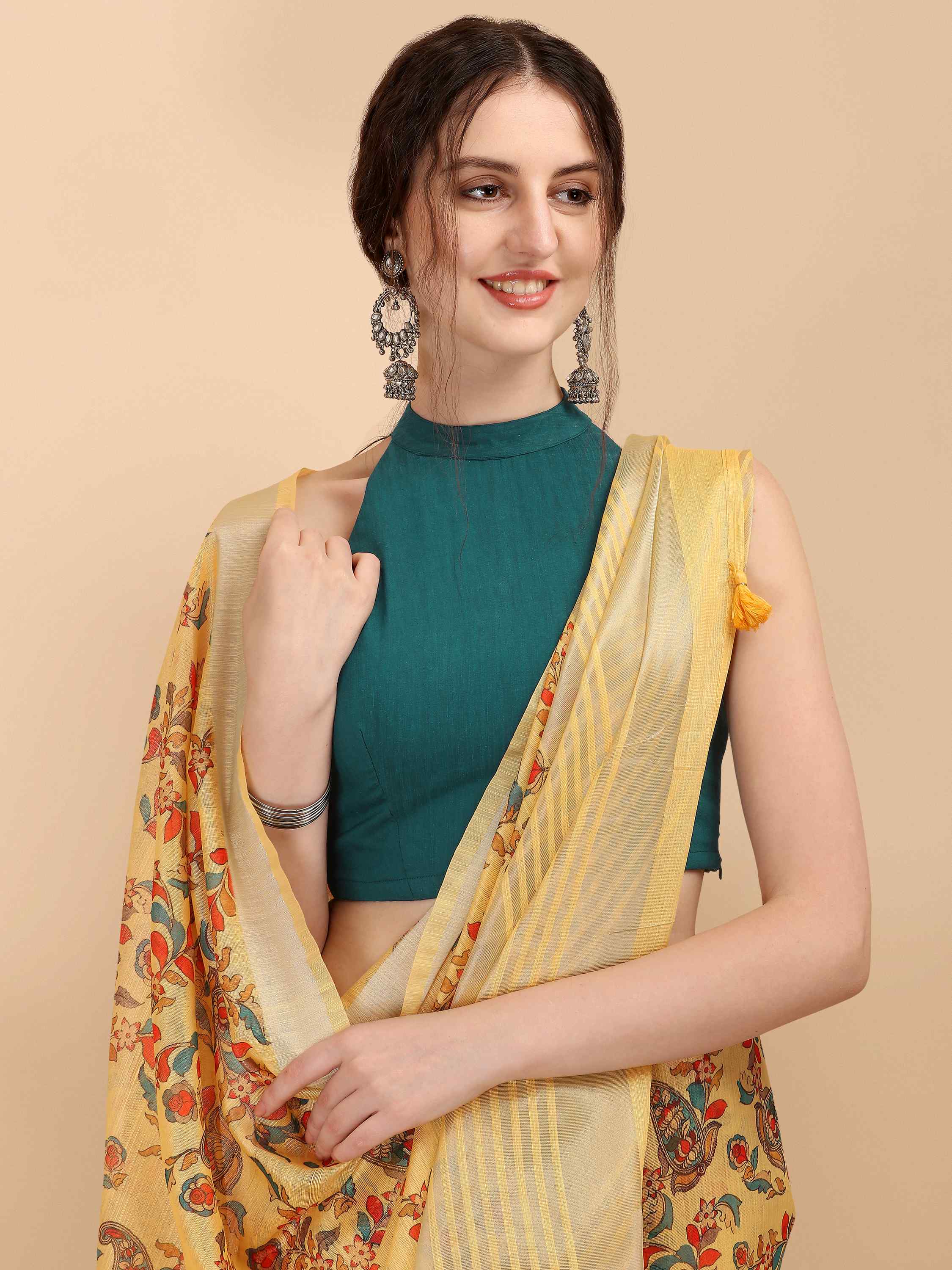 YELLOW LINEN KALAMKARI PRINT SAREE