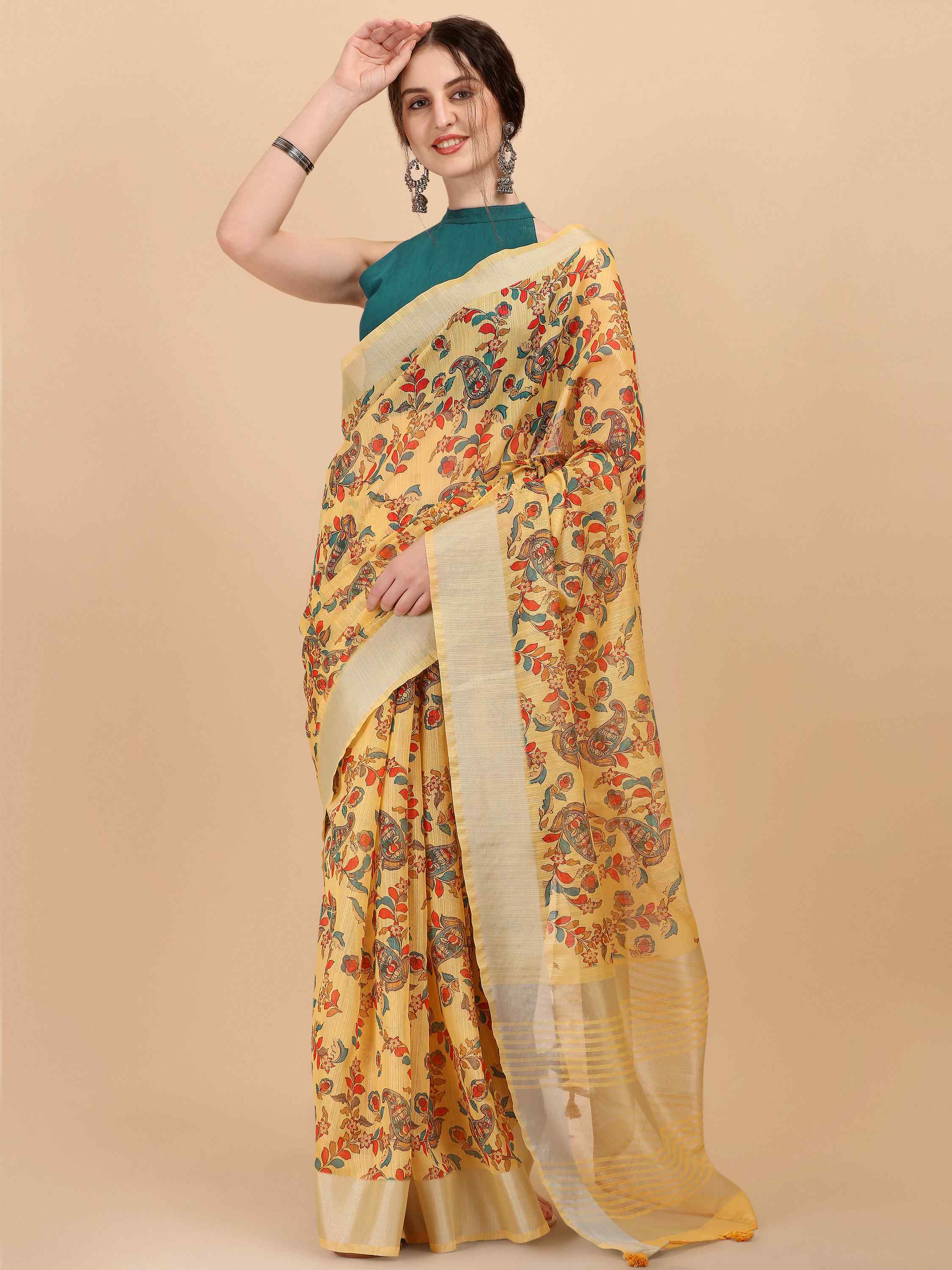 YELLOW LINEN KALAMKARI PRINT SAREE