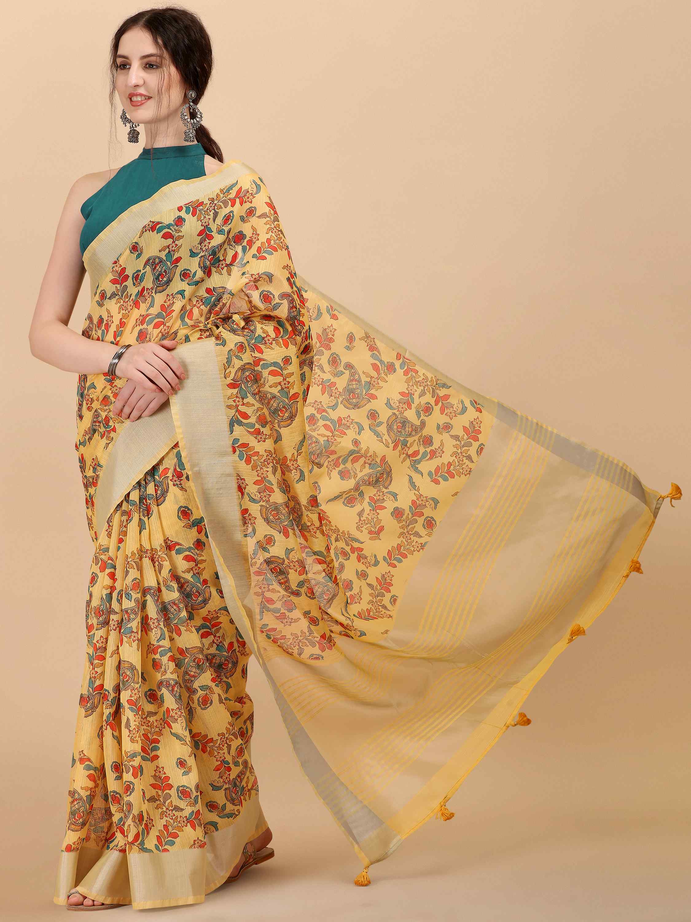 YELLOW LINEN KALAMKARI PRINT SAREE