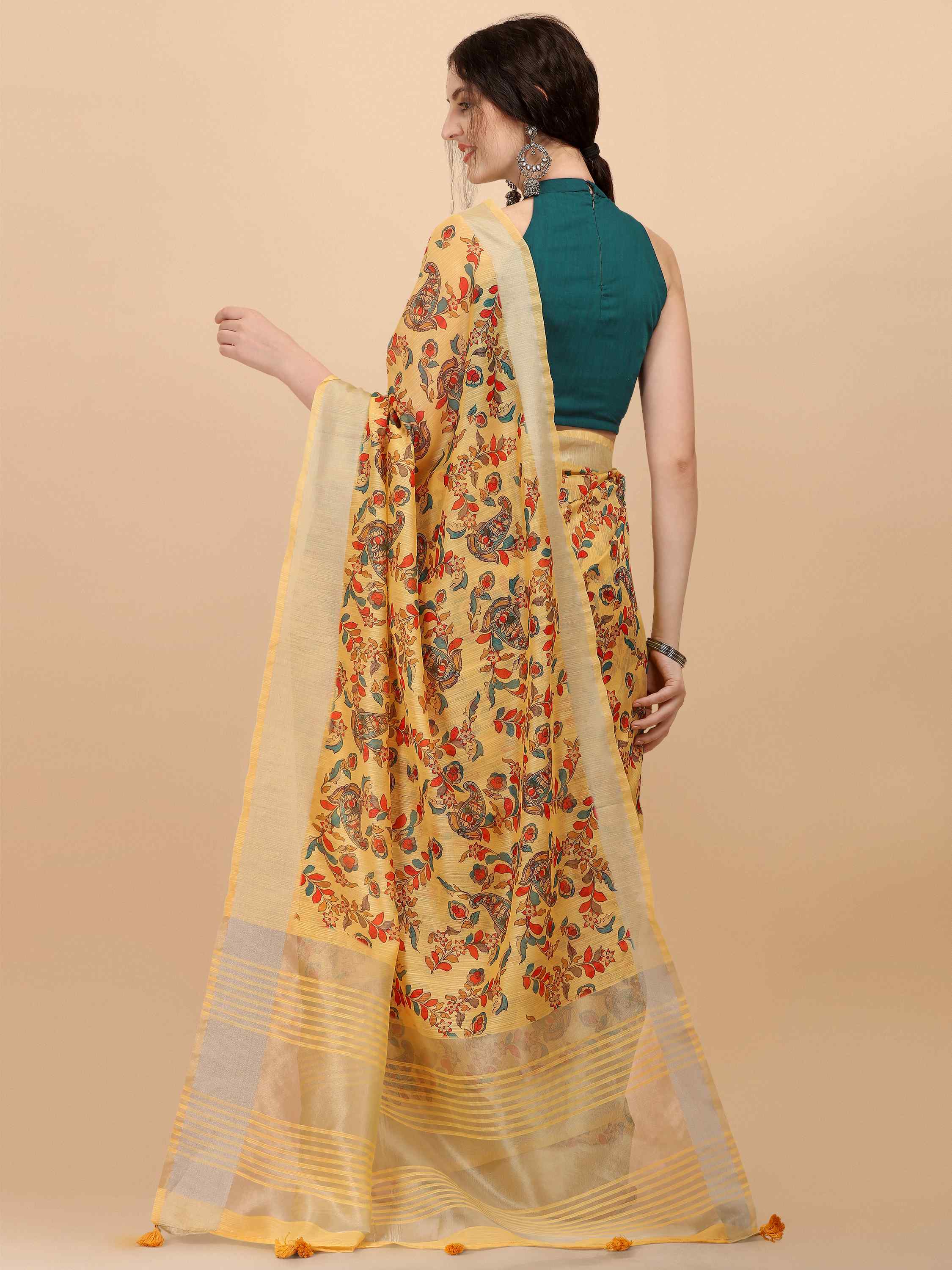 YELLOW LINEN KALAMKARI PRINT SAREE