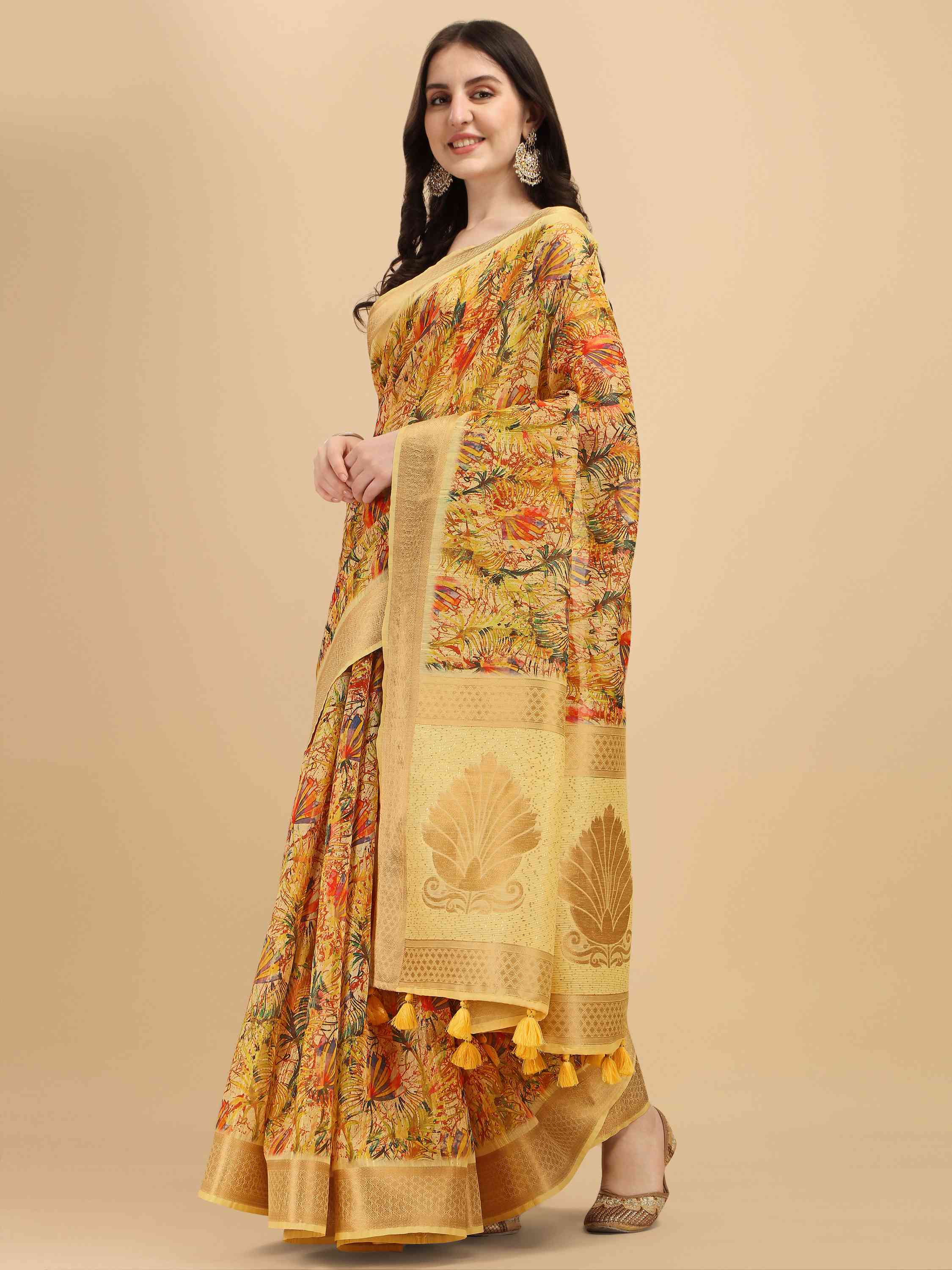 DUNGRANI YELLOW COTTON SILK DIGITAL PRINT SAREE