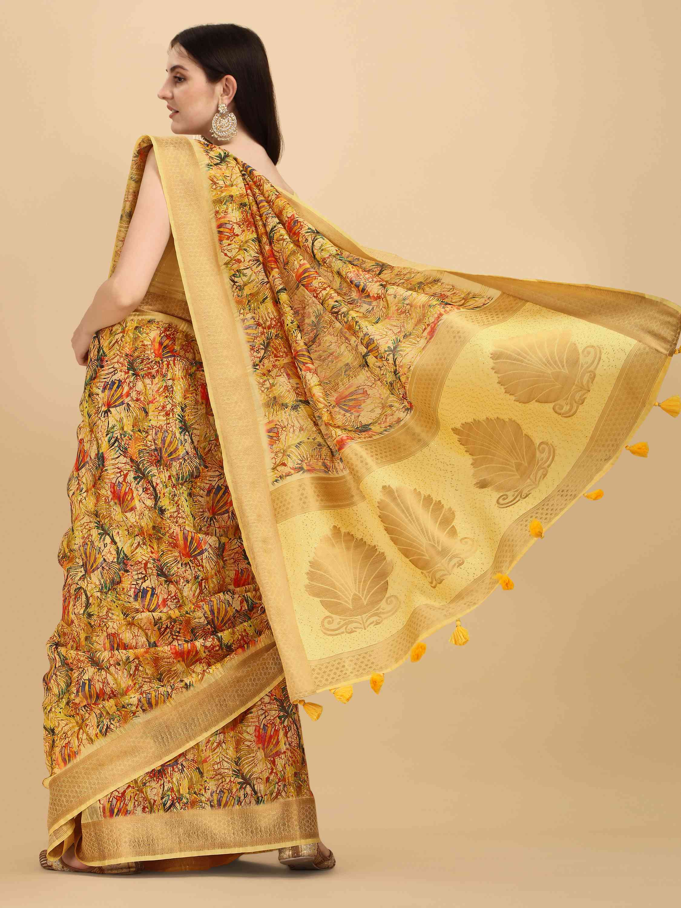 DUNGRANI YELLOW COTTON SILK DIGITAL PRINT SAREE