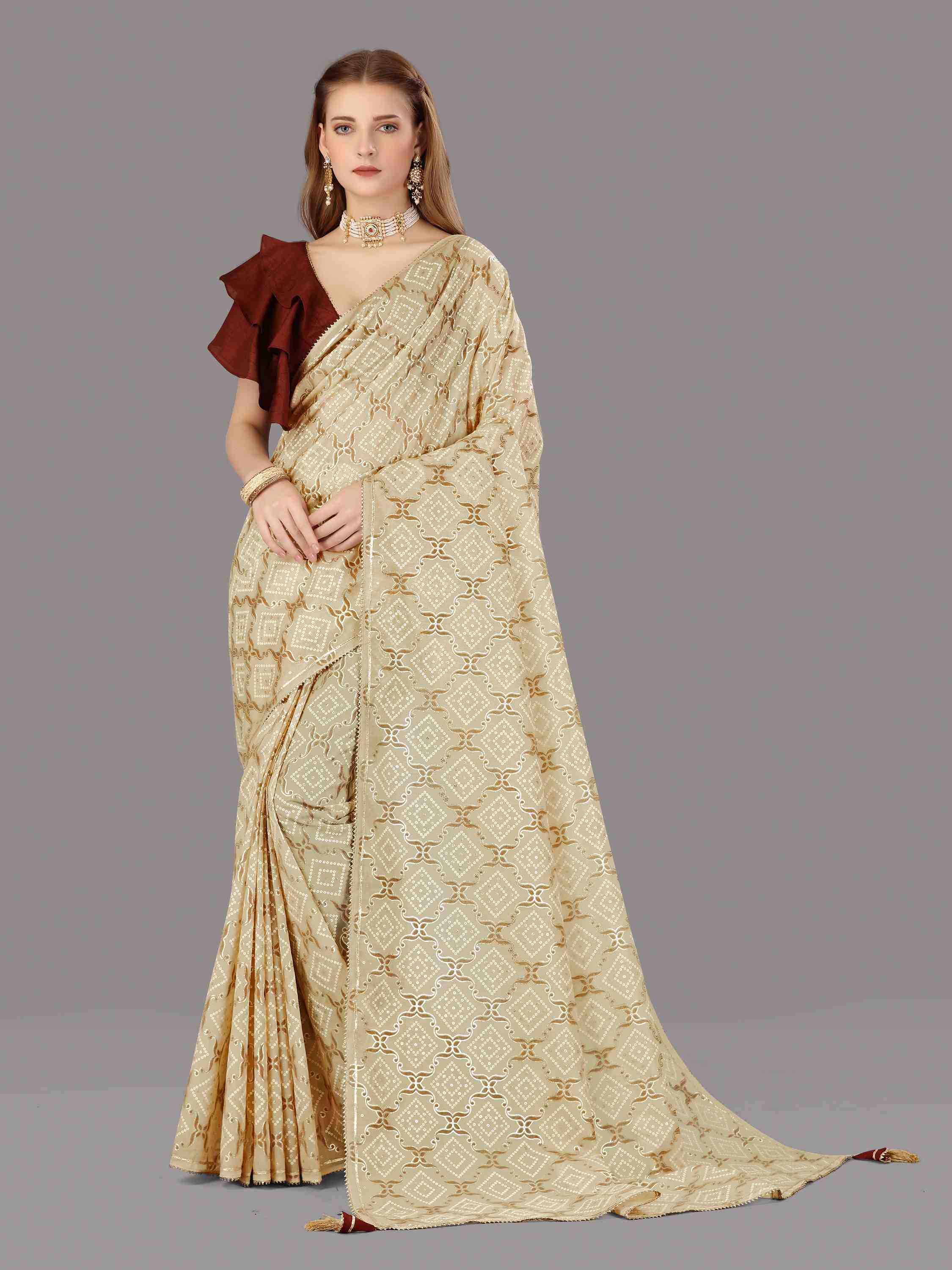 CHICKOO ORGANZA FOIL SAREE WITH BLOUSE