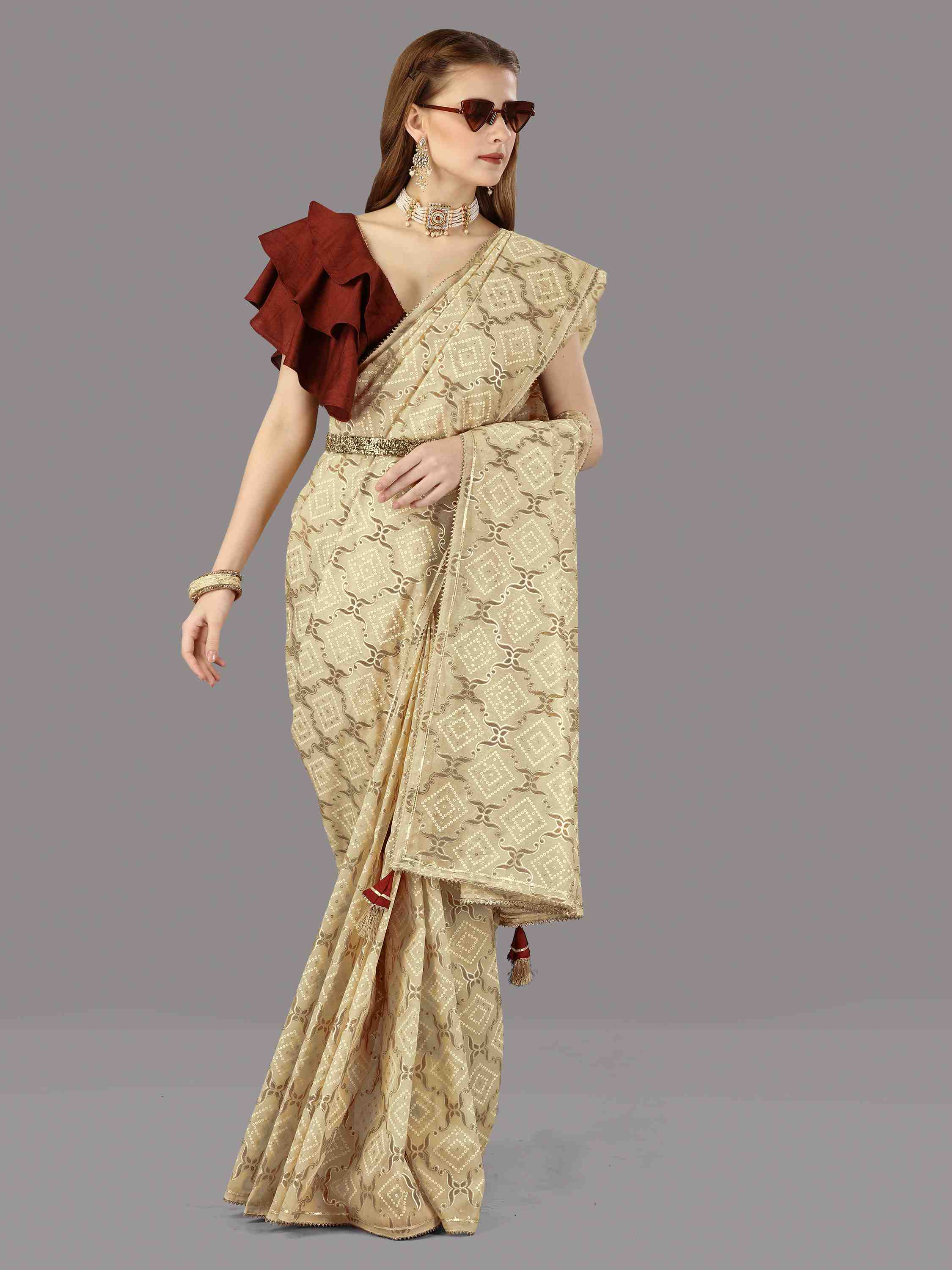 CHICKOO ORGANZA FOIL SAREE WITH BLOUSE