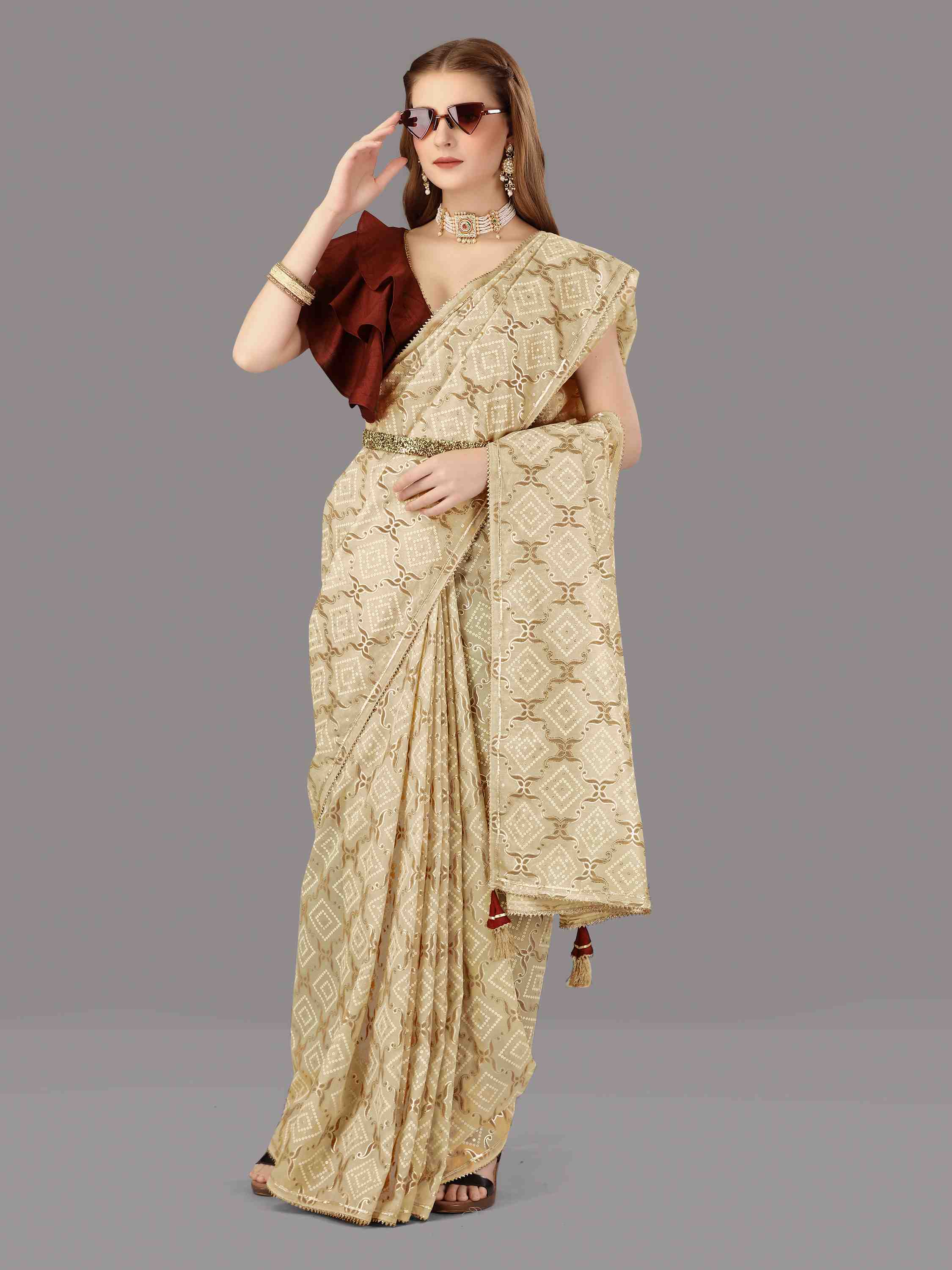 CHICKOO ORGANZA FOIL SAREE WITH BLOUSE