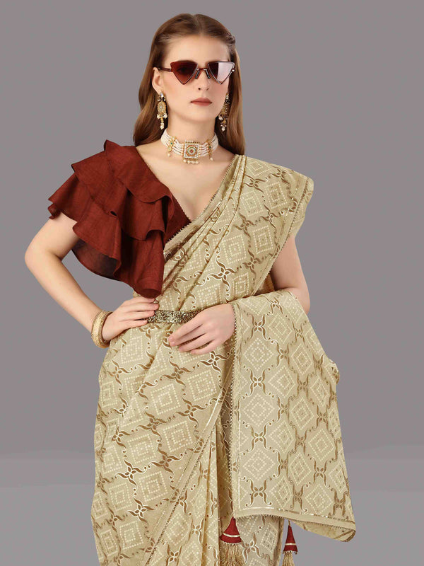 CHICKOO ORGANZA FOIL SAREE WITH BLOUSE