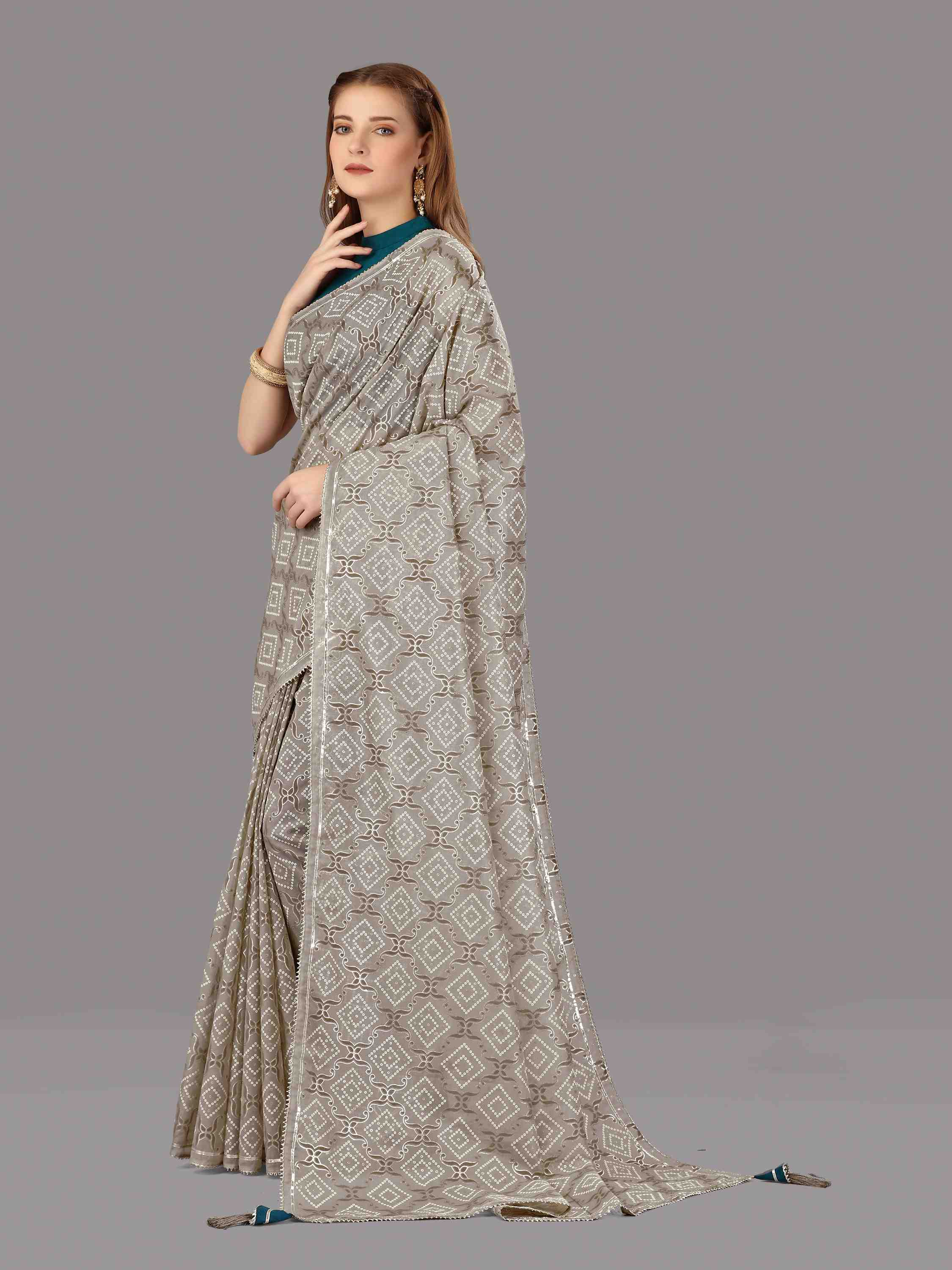 GREY ORGANZA FOIL SAREE WITH BLOUSE