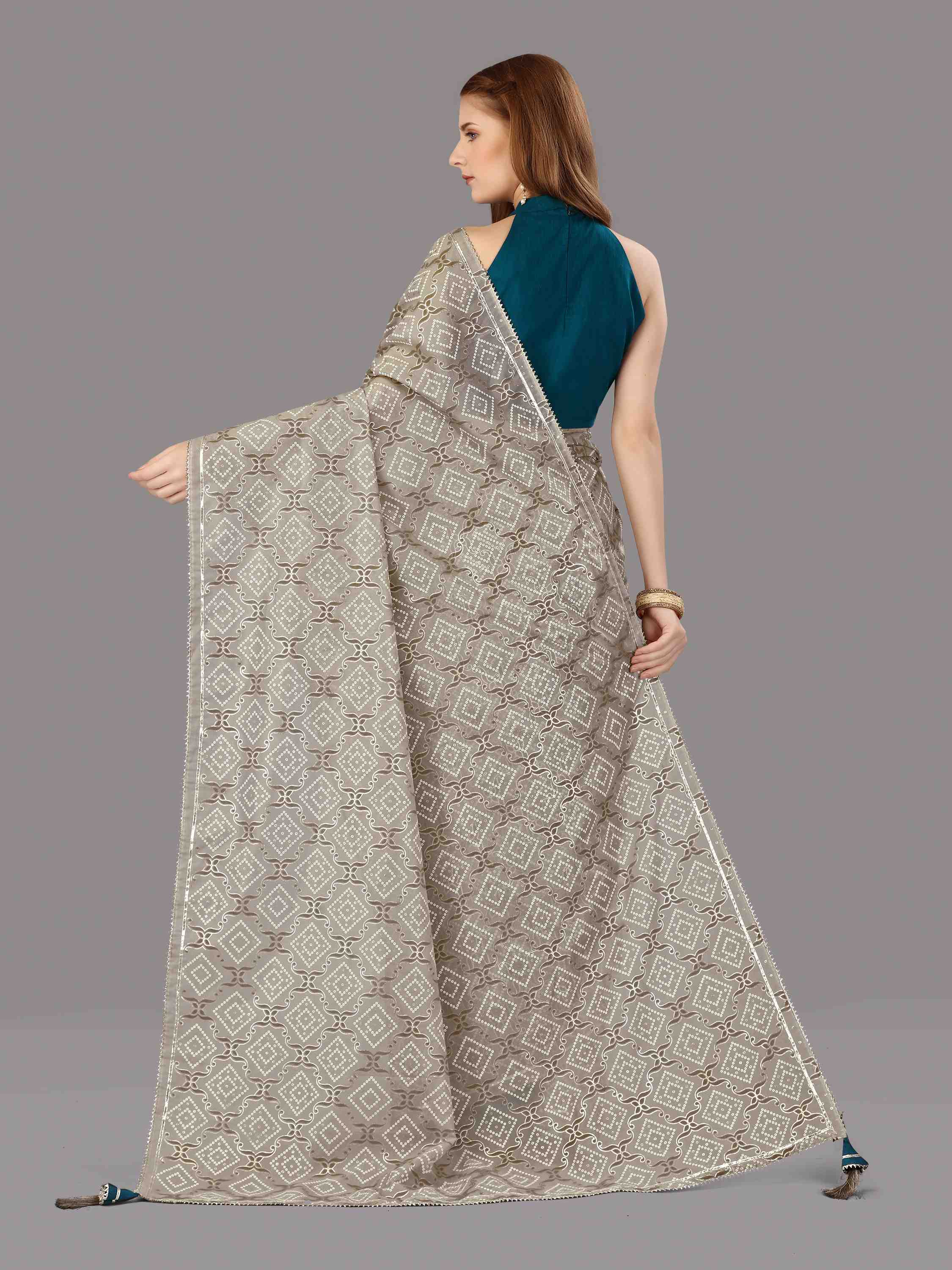 GREY ORGANZA FOIL SAREE WITH BLOUSE