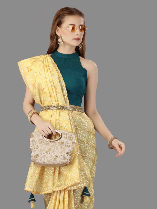 YELLOW ORGANZA FOIL SAREE WITH BLOUSE