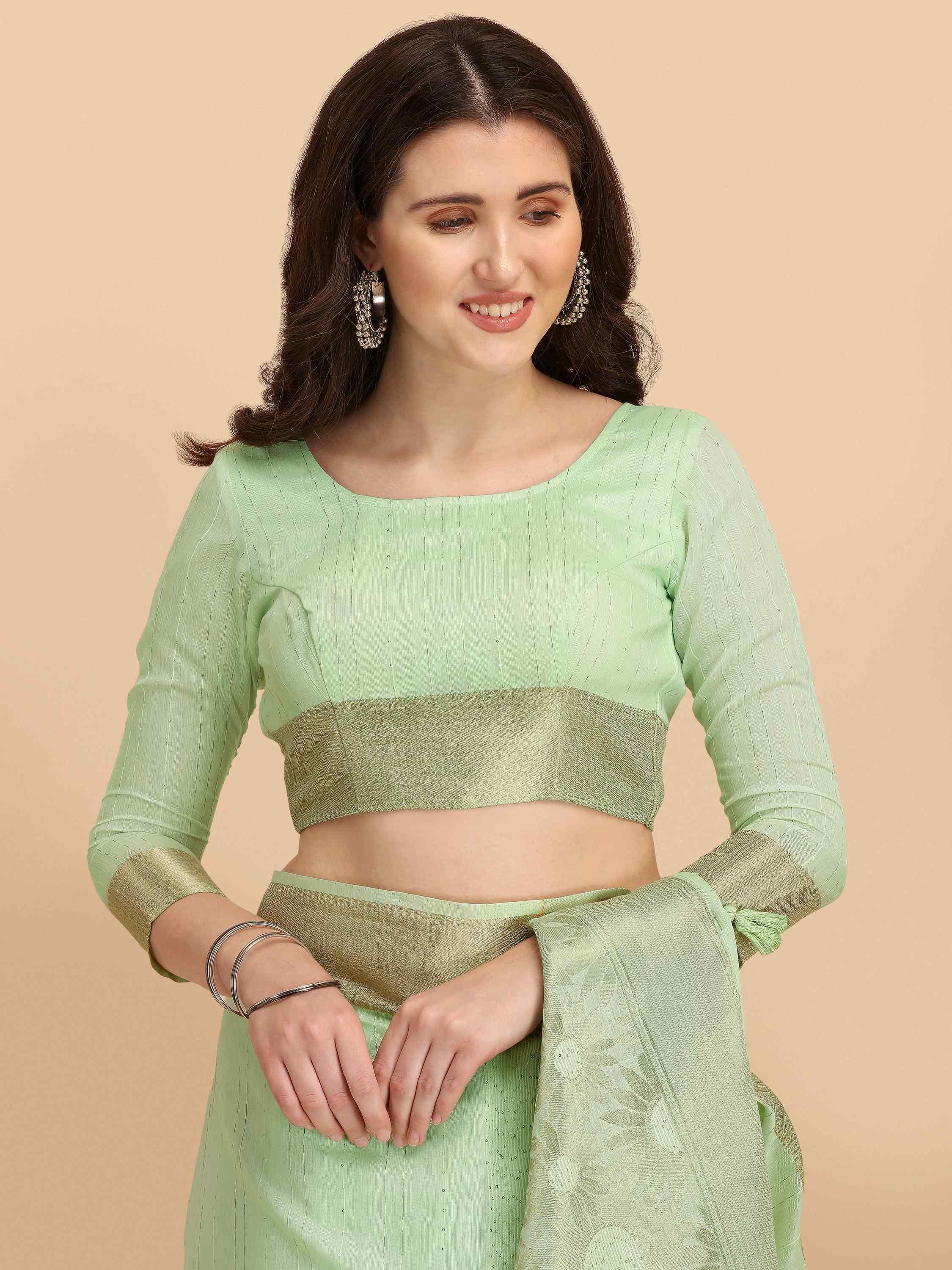 PISTA GREEN SUNFLOWER COTTON SILK SAREE WITH BLOUSE