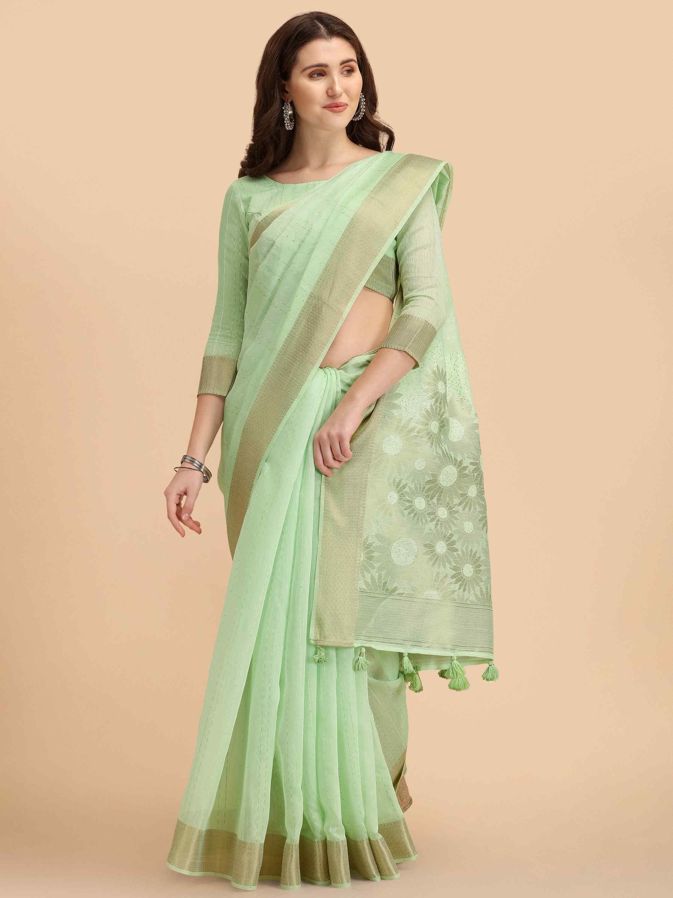 PISTA GREEN SUNFLOWER COTTON SILK SAREE WITH BLOUSE