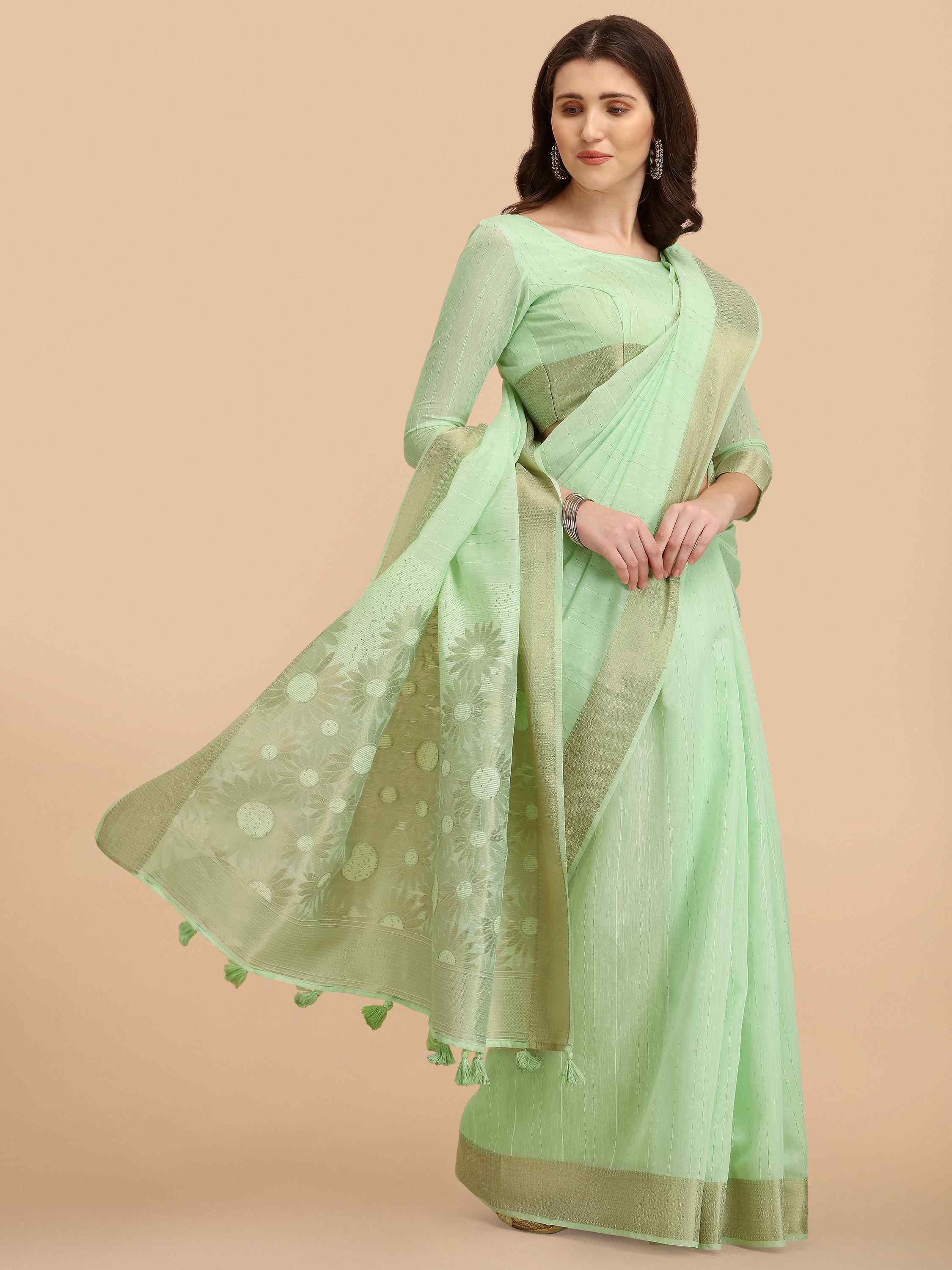 PISTA GREEN SUNFLOWER COTTON SILK SAREE WITH BLOUSE