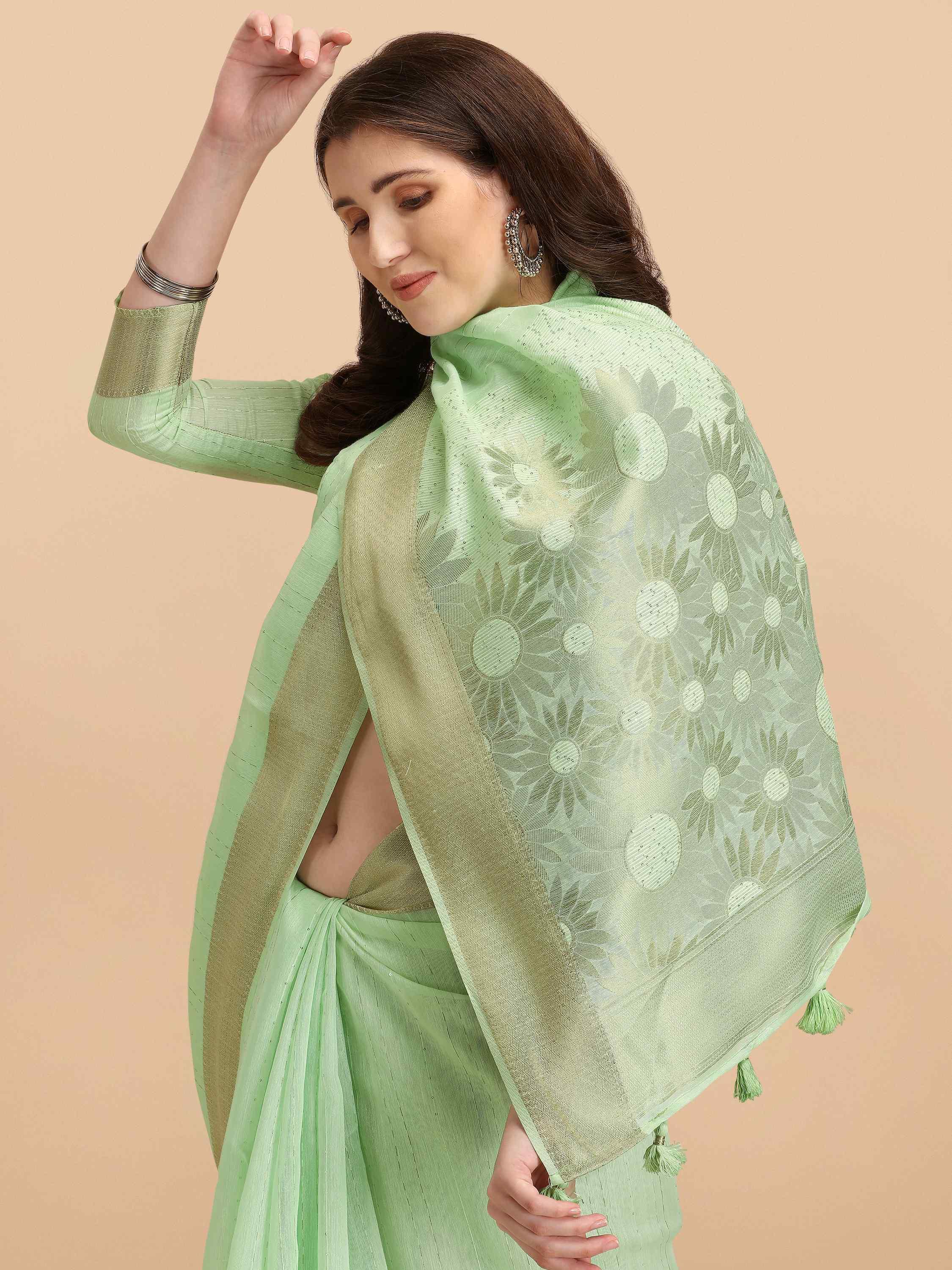 PISTA GREEN SUNFLOWER COTTON SILK SAREE WITH BLOUSE