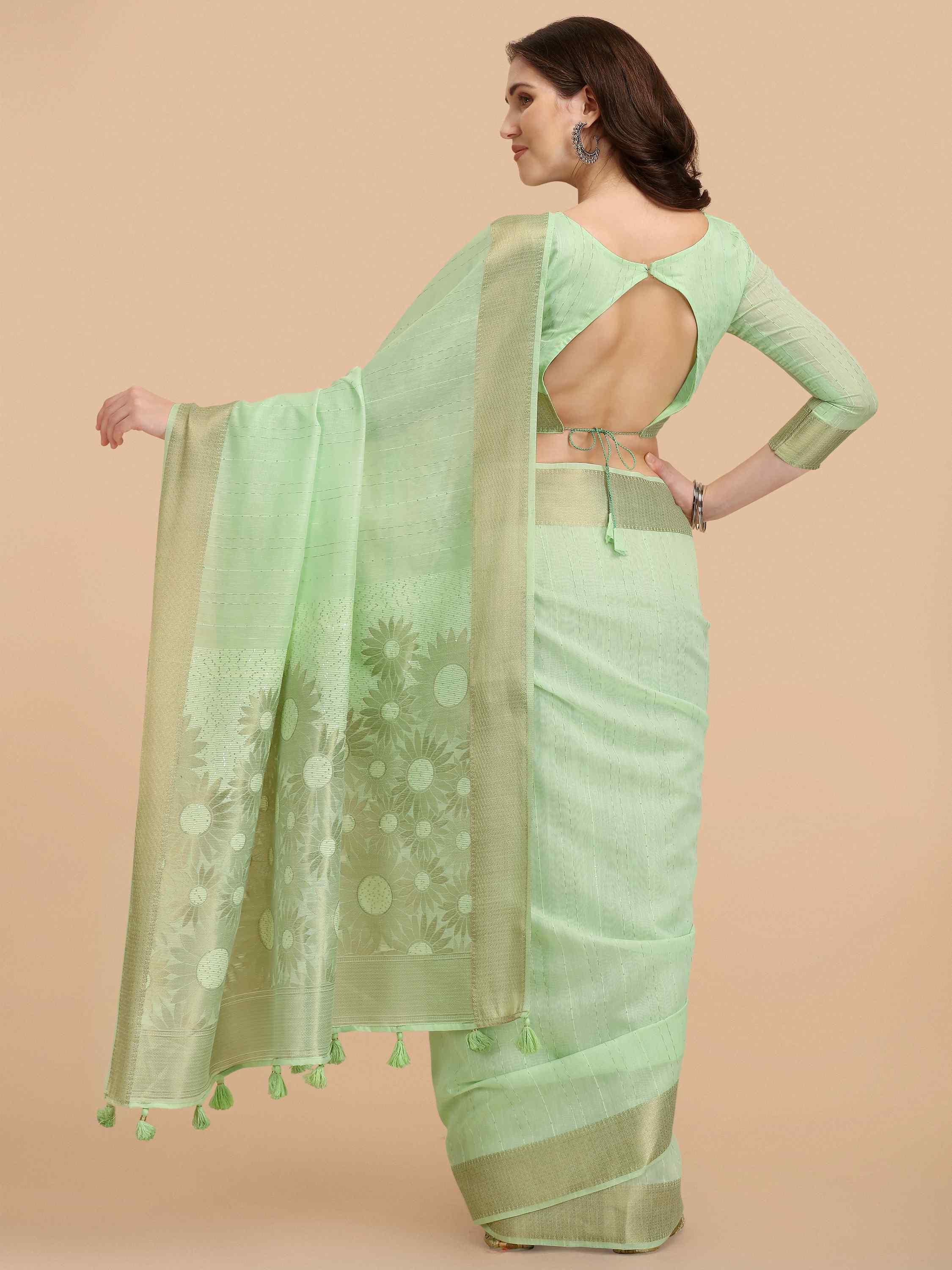 PISTA GREEN SUNFLOWER COTTON SILK SAREE WITH BLOUSE