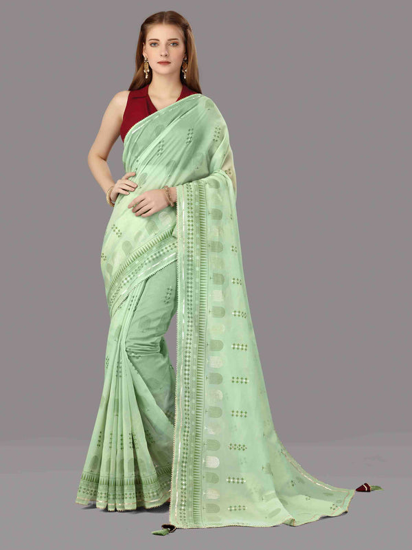 MINT GREEN ORGANZA FOIL SAREE WITH BLOUSE