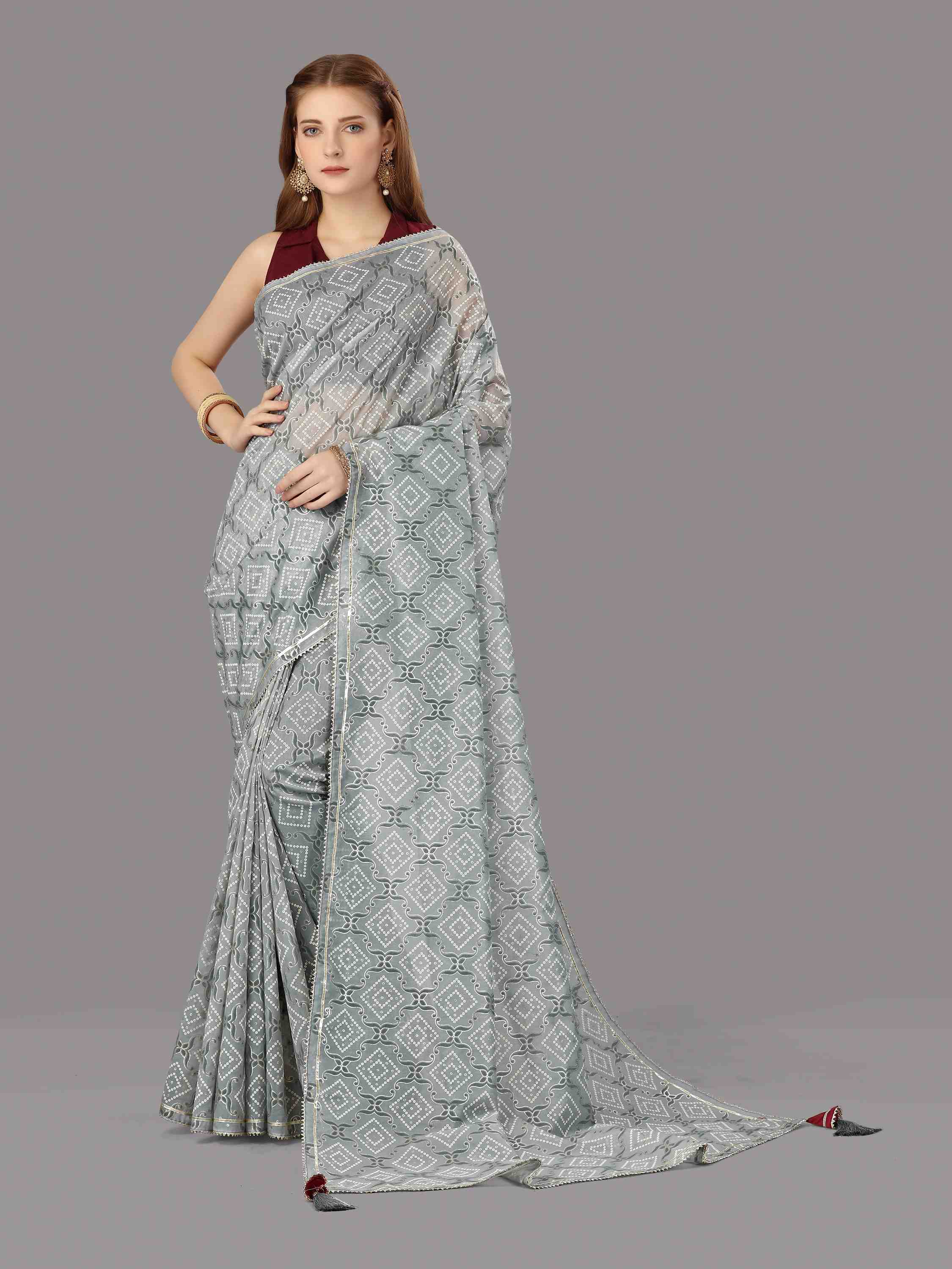 POWDER BLUE ORGANZA FOIL SAREE WITH BLOUSE