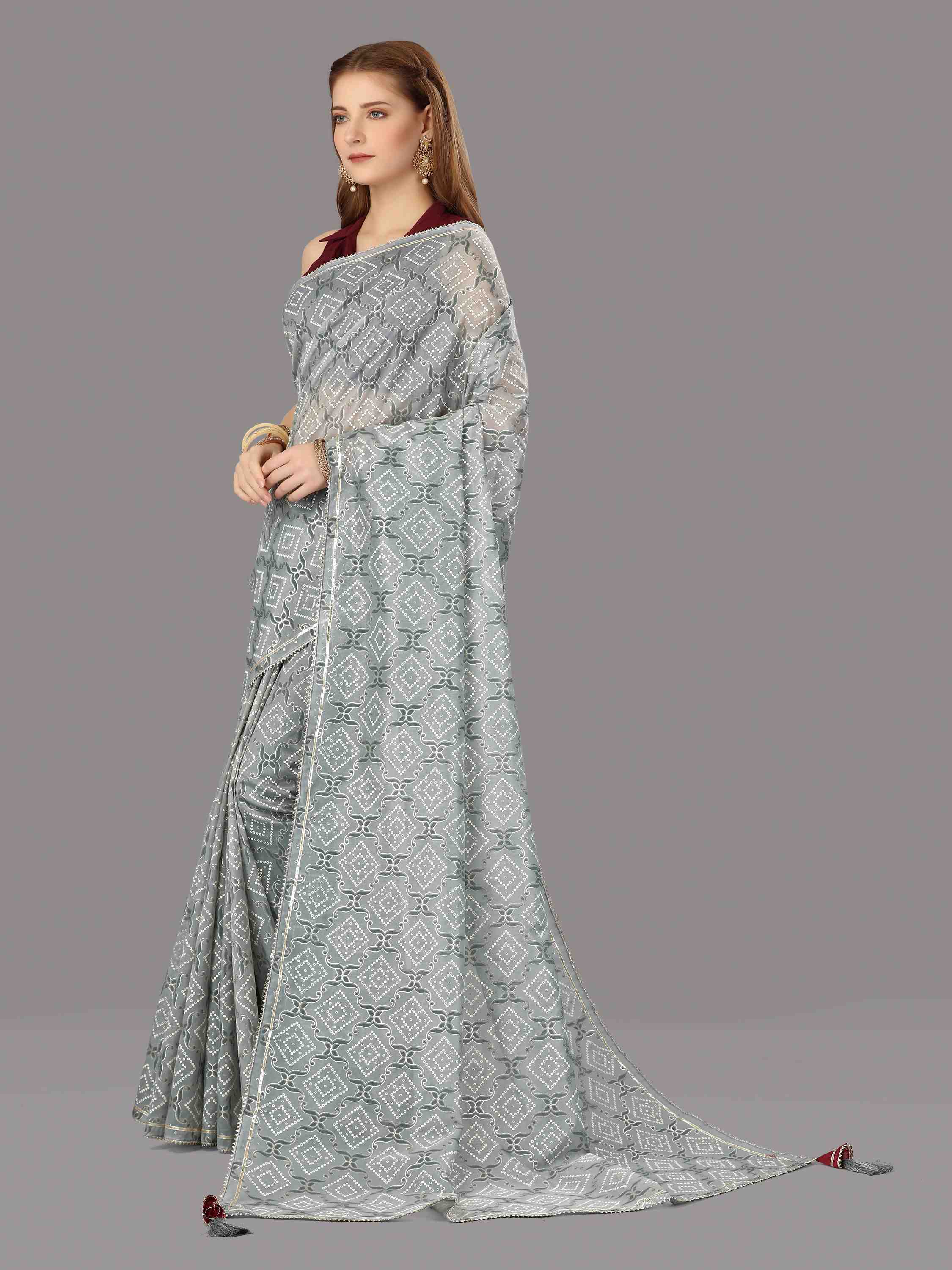 POWDER BLUE ORGANZA FOIL SAREE WITH BLOUSE