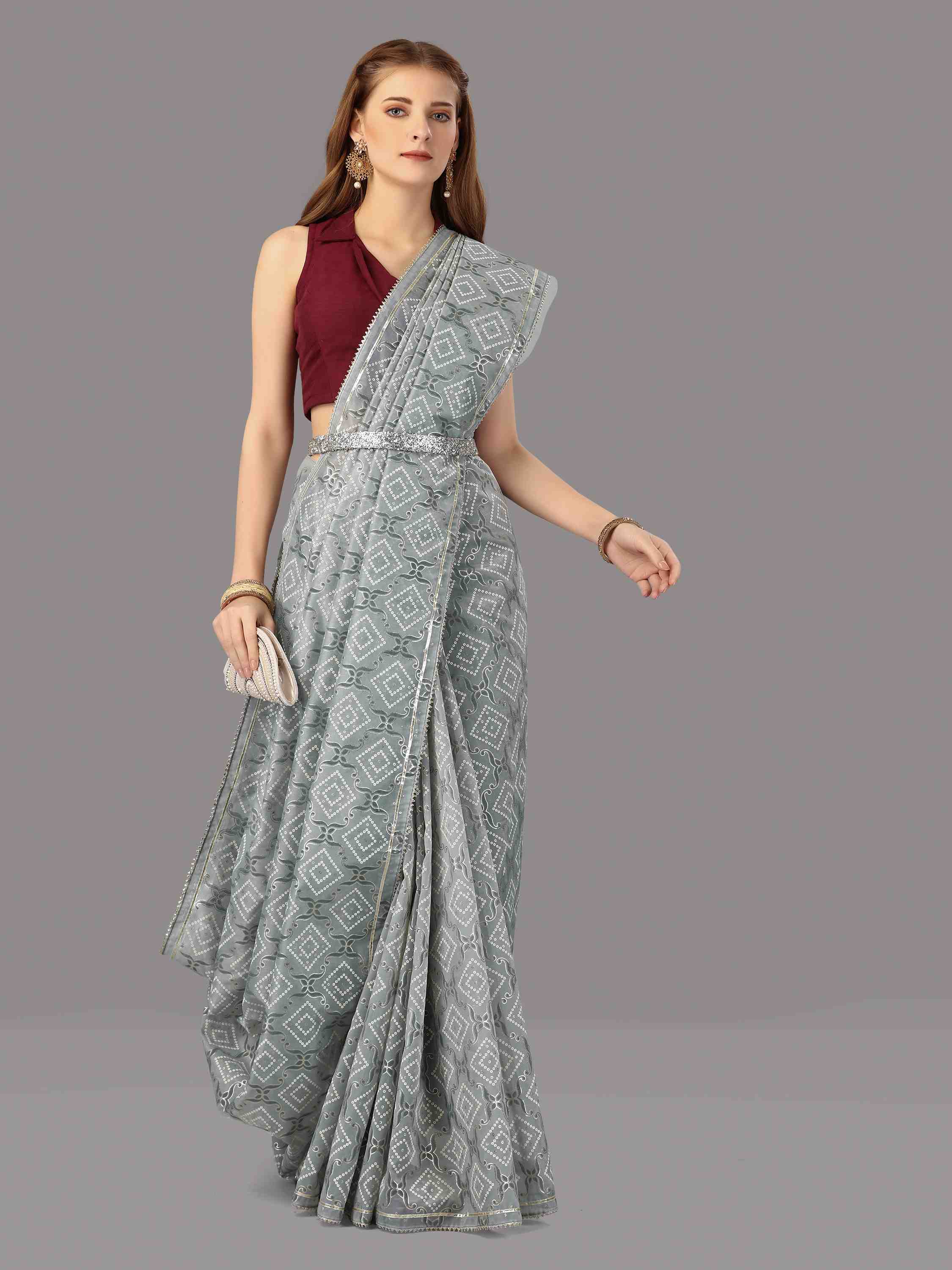 POWDER BLUE ORGANZA FOIL SAREE WITH BLOUSE