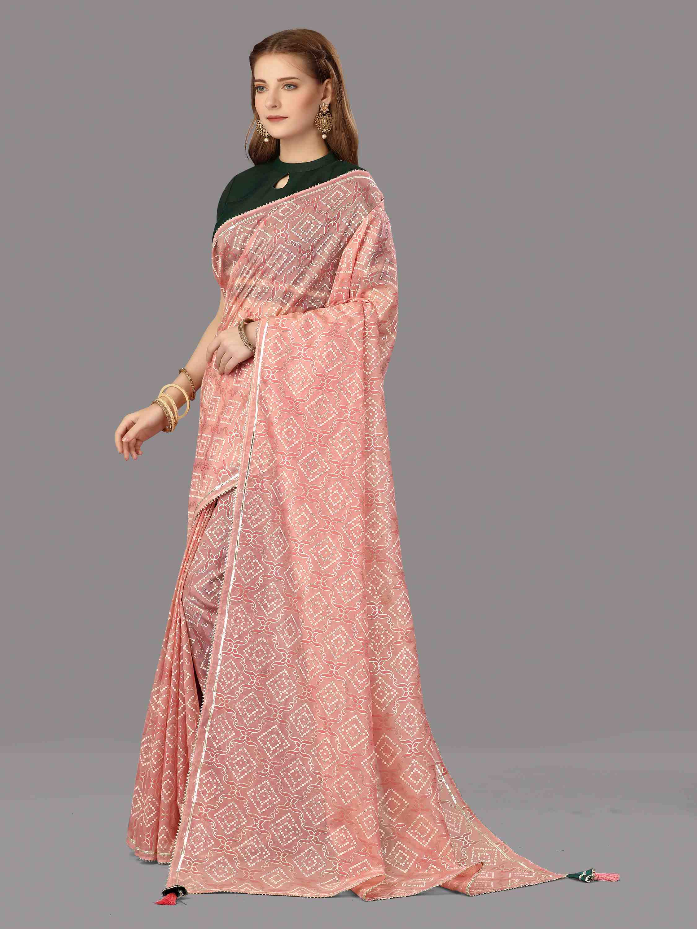 PINK ORGANZA FOIL SAREE WITH BLOUSE