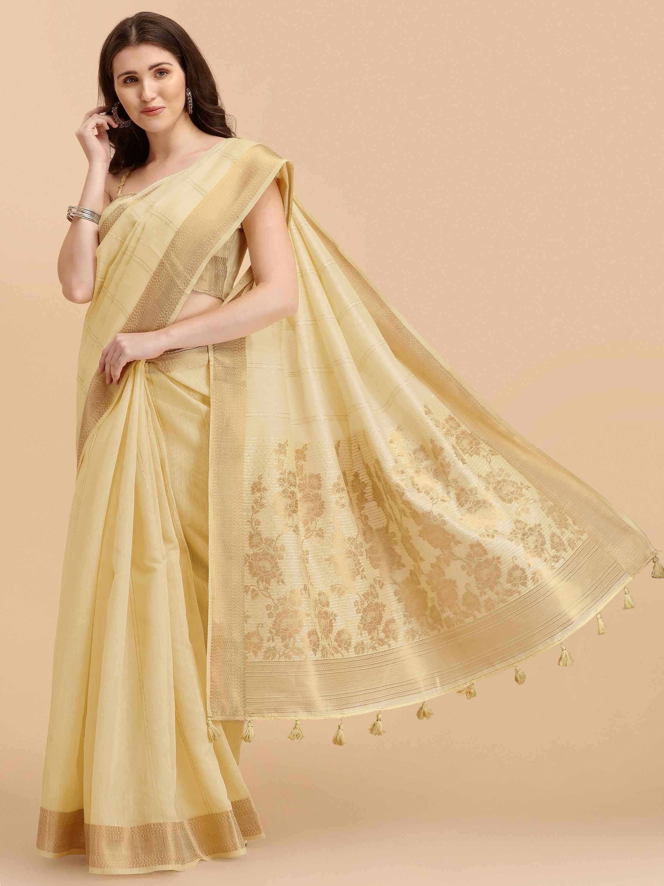 YELLOW FLORAL COTTON SILK SAREE WITH BLOUSE