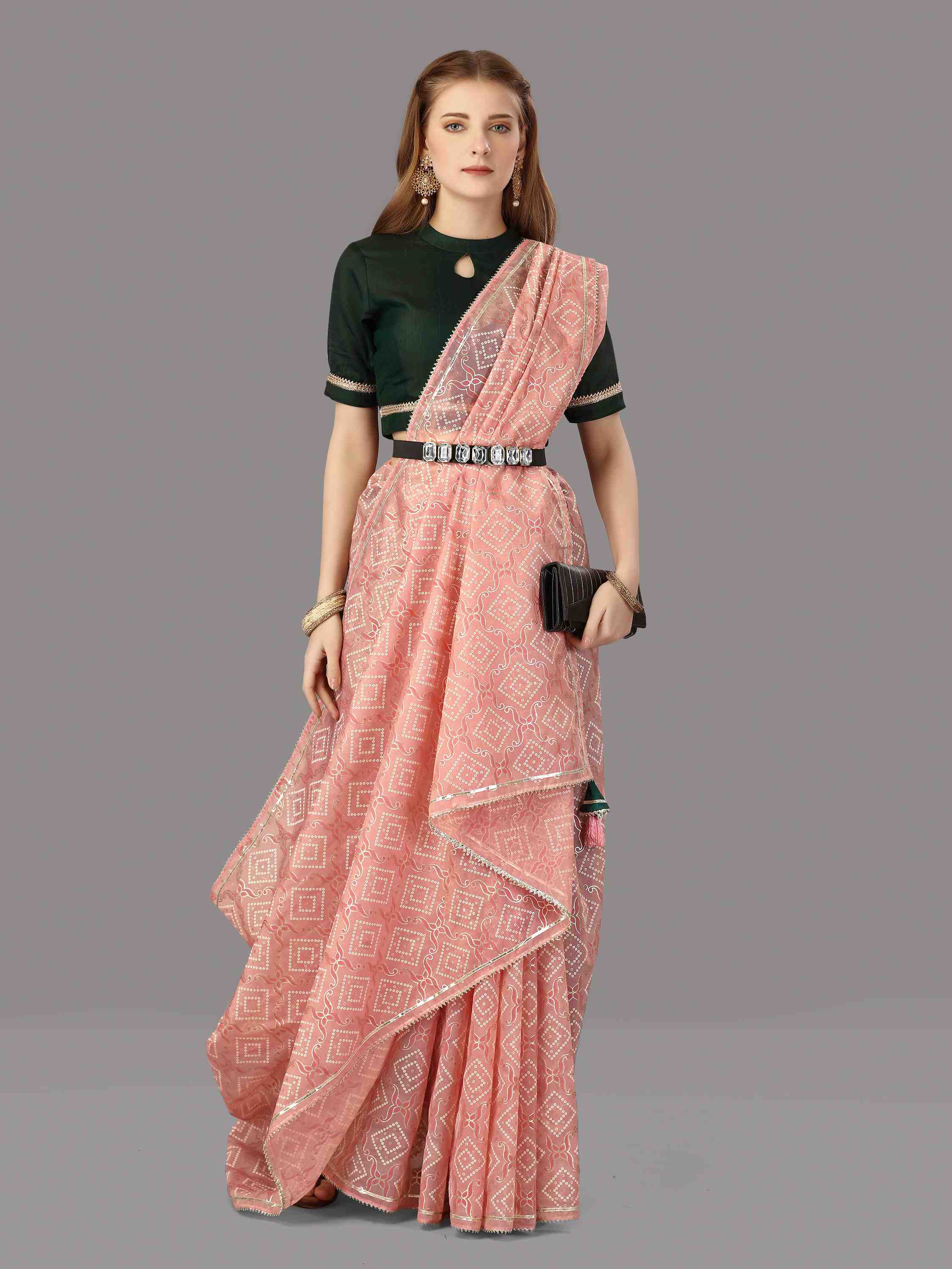 PINK ORGANZA FOIL SAREE WITH BLOUSE