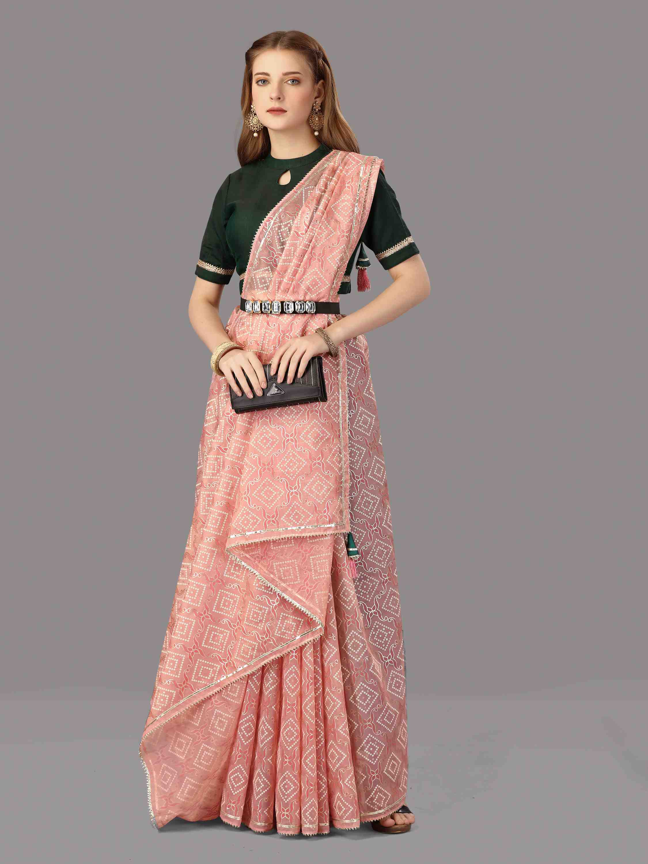 PINK ORGANZA FOIL SAREE WITH BLOUSE