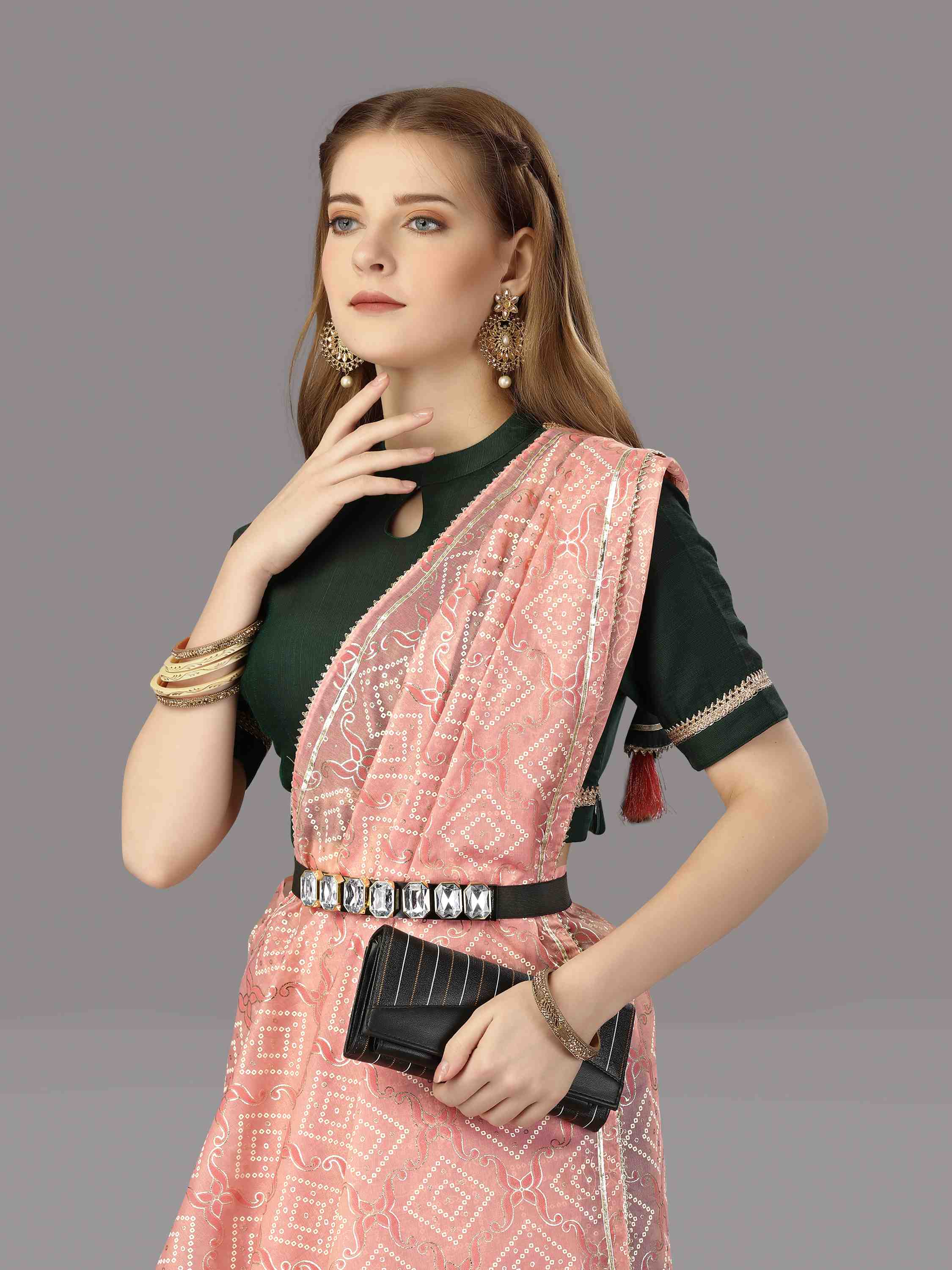 PINK ORGANZA FOIL SAREE WITH BLOUSE