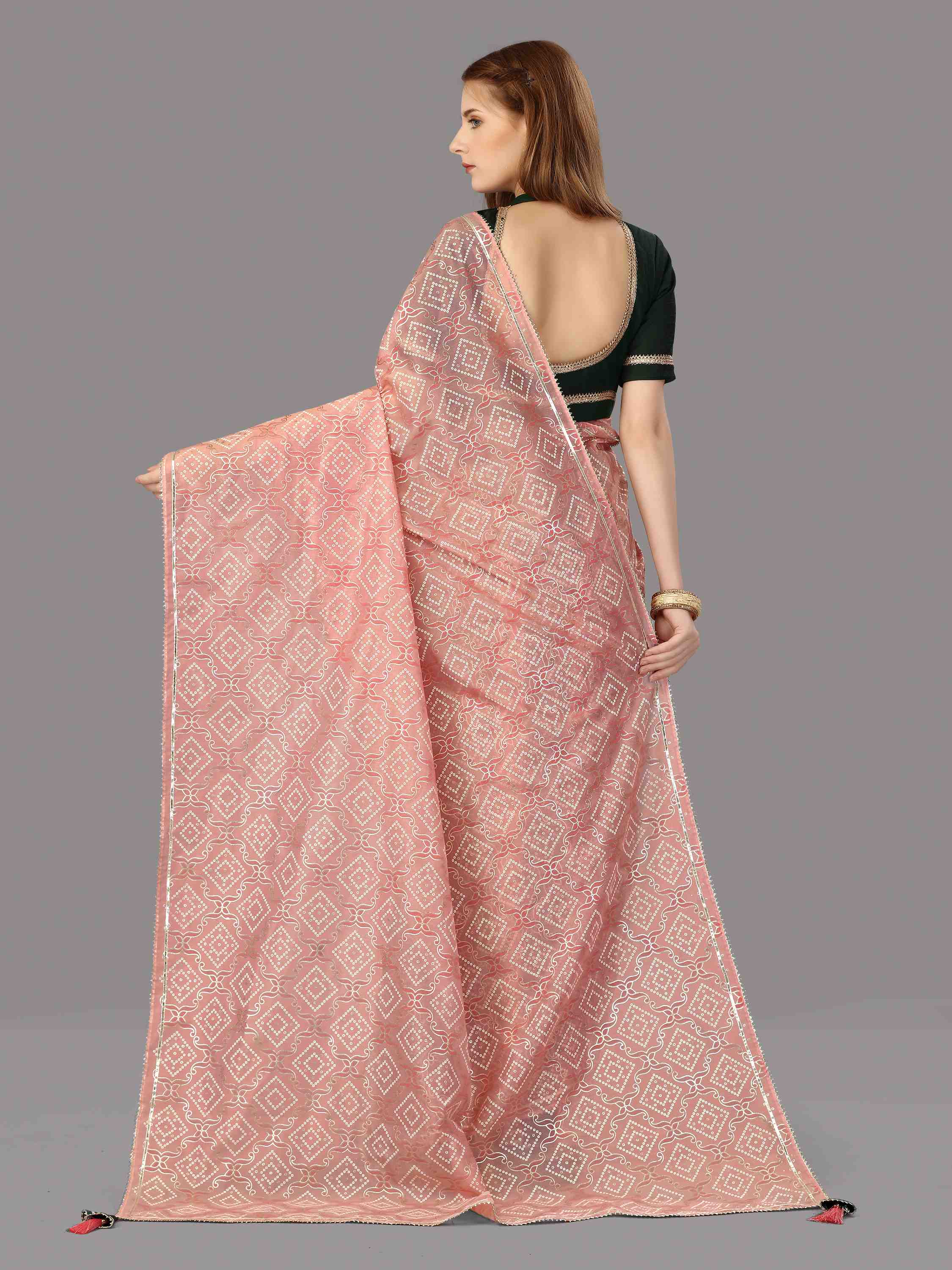 PINK ORGANZA FOIL SAREE WITH BLOUSE